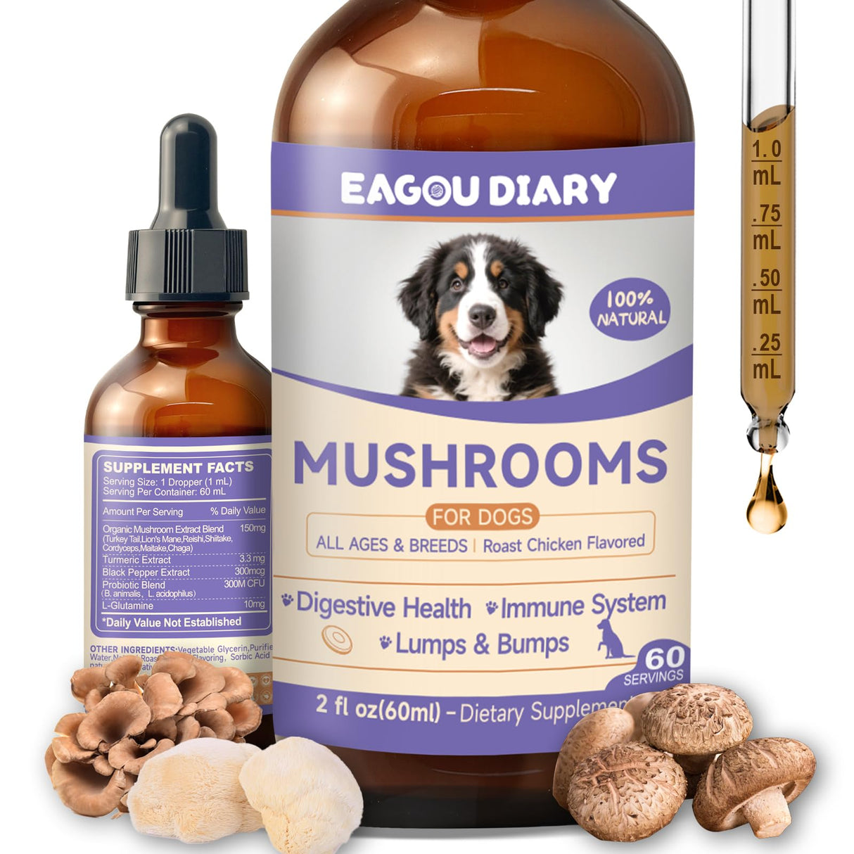 Mushroom for Dogs - with Turkey Tail Mushroom for Dogs, Lion’s Mane, Shiitake, Supports Joint & Gut Health, Enhances Energy, Lumps & Bumps Supplement,Organic Mushrooms Supplement for Dog, 60ml Drop