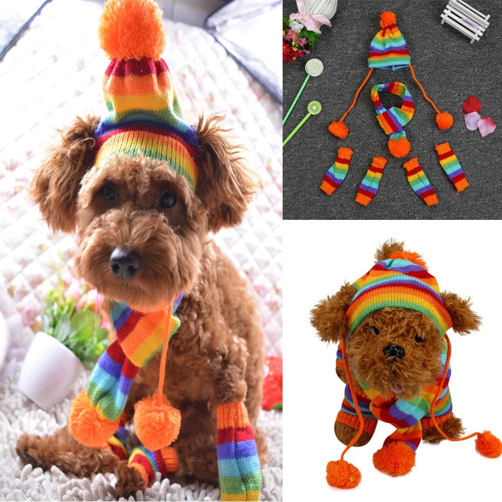 POPETPOP Towel Set Knitted Winter Dog Scarf Hat Set - Winter Warm Caps Neck Warmer Dog Costumes Knitted Scarf Hat Leg Warmers Striped Leggings for Small Dogs Puppy Towel s