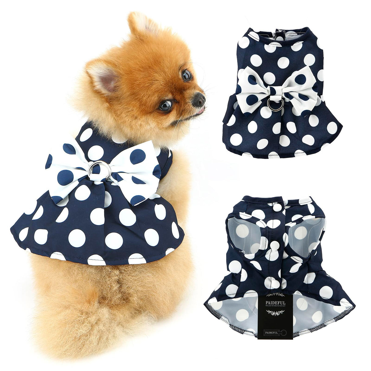 PAIDEFUL Dog Harness Dress,Retro Bow Princess Dresses for Small Dogs Cats Fashion Polka Dot Puppy Pleated Skirt Soft Lightweight Doggy Sundress Button up Chihuahua Clothes Costume D-Ring,Blue,M