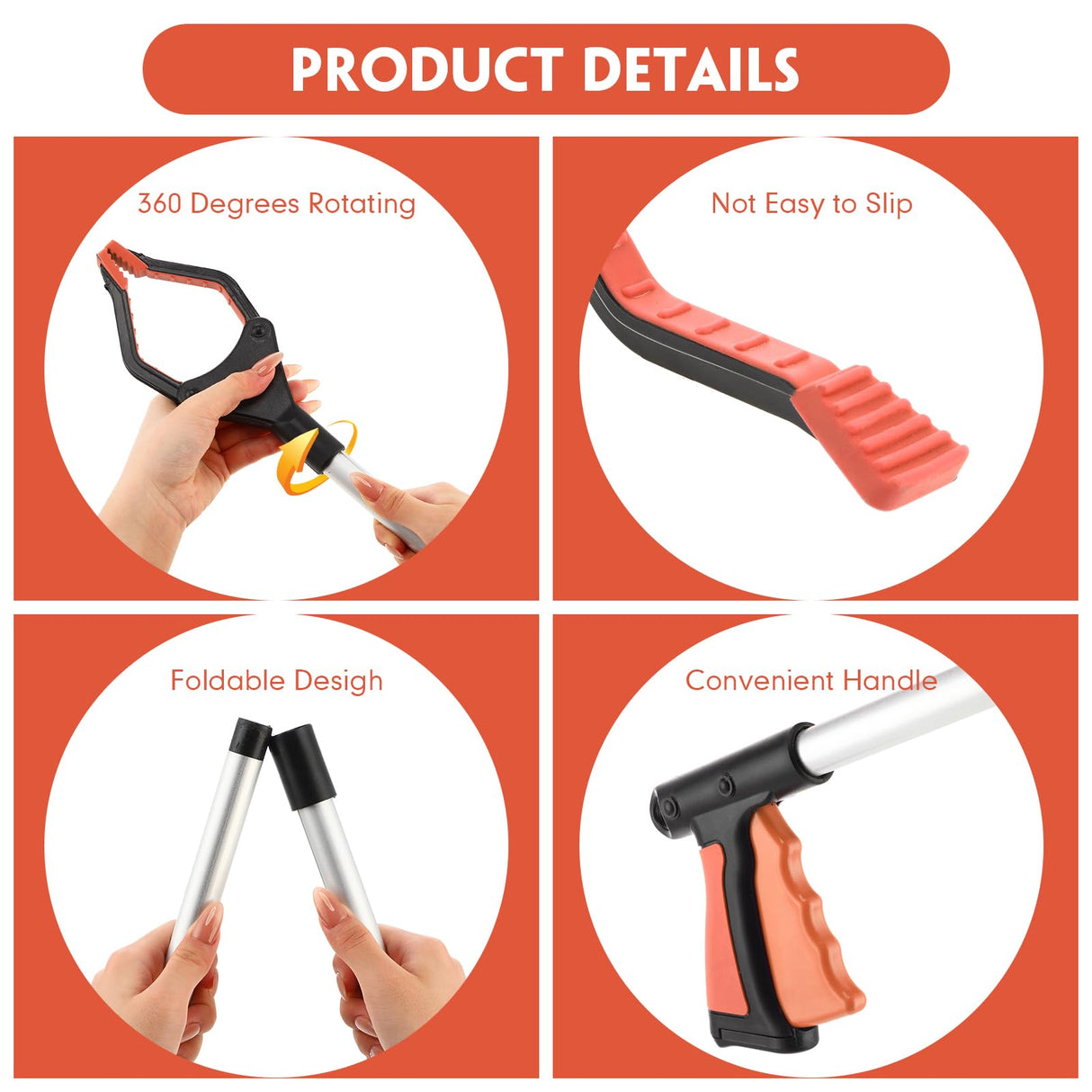 6 Pcs Grabber Tool for Elderly Foldable Trash Picker 32 Inch Extra Long Litter Stick Lightweight Handy Claw Grabber for Arm Extension Garbage Gripper Trash Pick up Litter Picker Garden Nabber (Orange)
