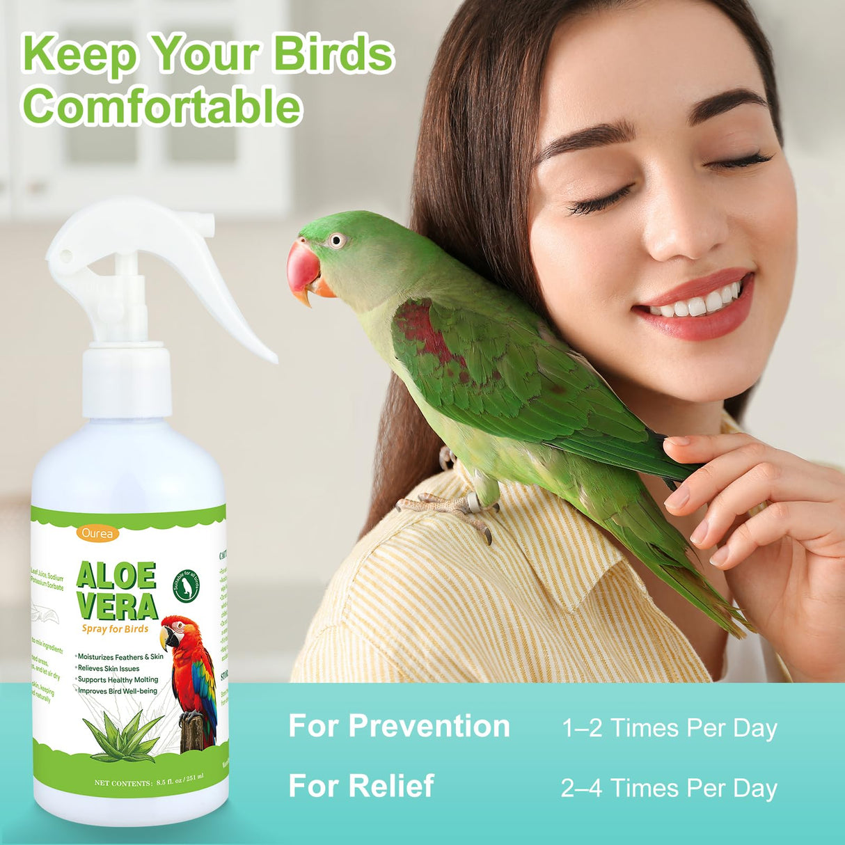 Aloe Vera Bird Spray, Moisturizes Feathers Soothes Dry Itchy Skin, Supports Molting Healthy Plumage, Prevent Feather Plucking Gentle Care, Safe Effective for Parrots Finches All Birds, Odor-Free