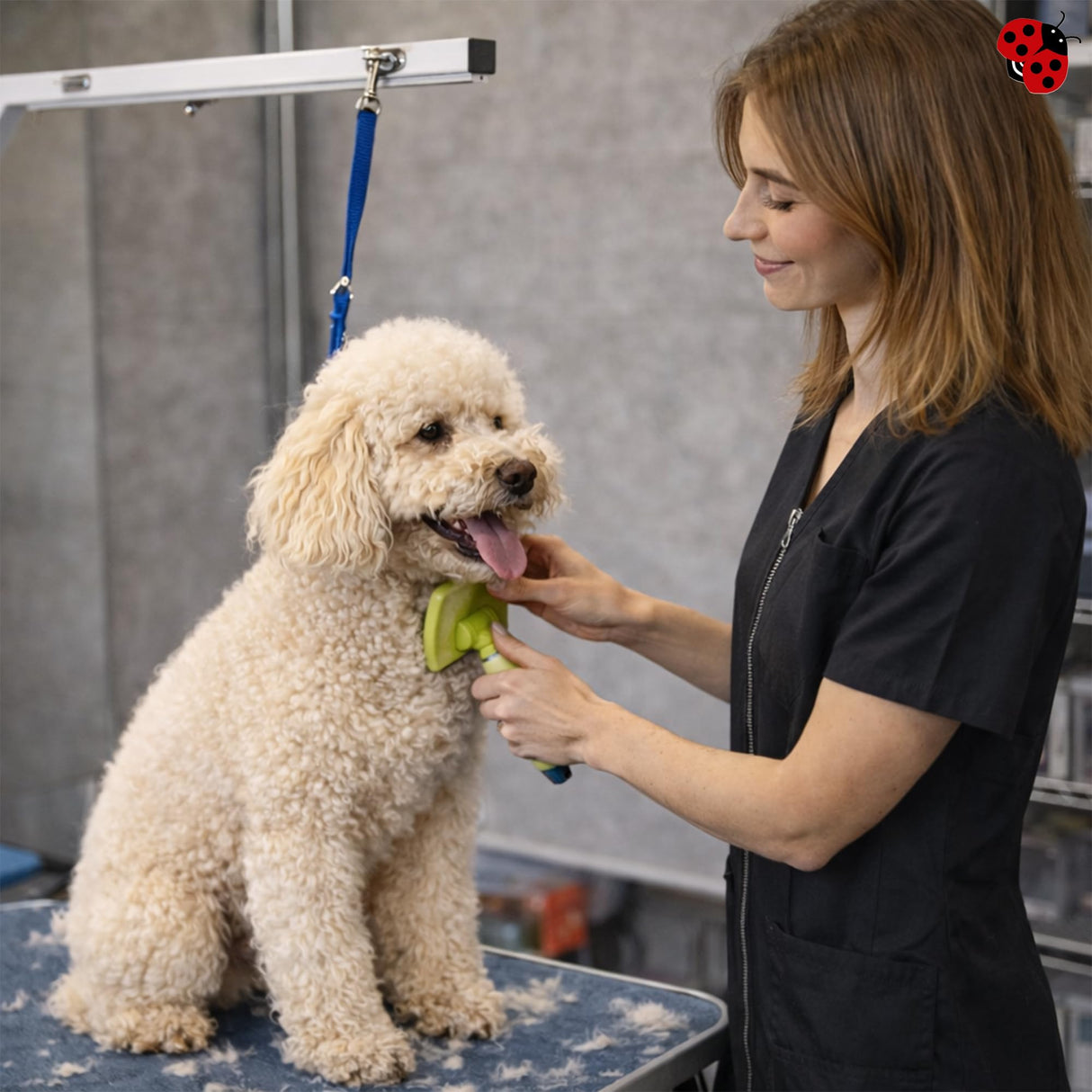 Ladybird Line 650 V Neck Adjustable Rhinestone Zipper Pet Grooming & Styling Jacket, Pleated Back Detail, 2 Front Pockets, Water Resistant, Bleach Hair Resistant Smock Pet Groomers Hair Stylists - XS