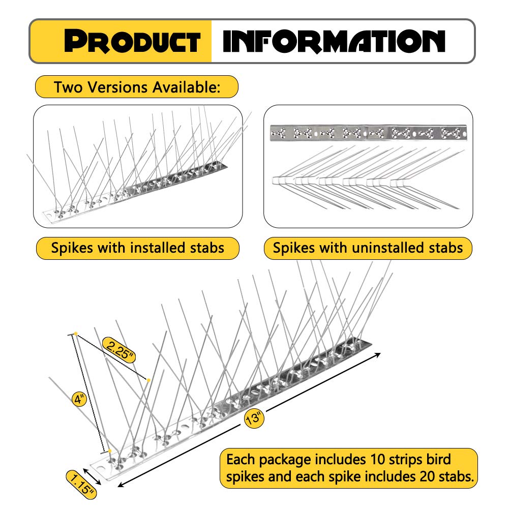 REMIAWY Bird Spikes for Pigeons Small Birds Cat, 10 Feet Anti Bird Spikes Stainless Steel Bird Deterrent Spikes 10 Strips