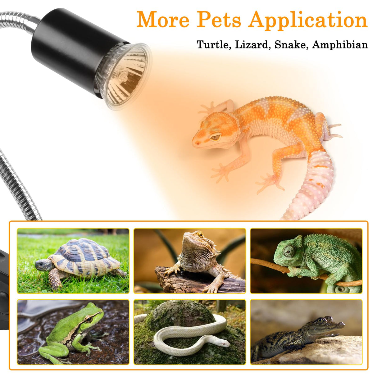 LUCKY HERP Reptile Heat Lamp with Clamp, Aquarium Turtle Tank Basking Light with 360° Rotatable Timing & Dimming and 2 Pack 50W UVA UVB Heat Light Bulb for Turtle Tortoise Lizard