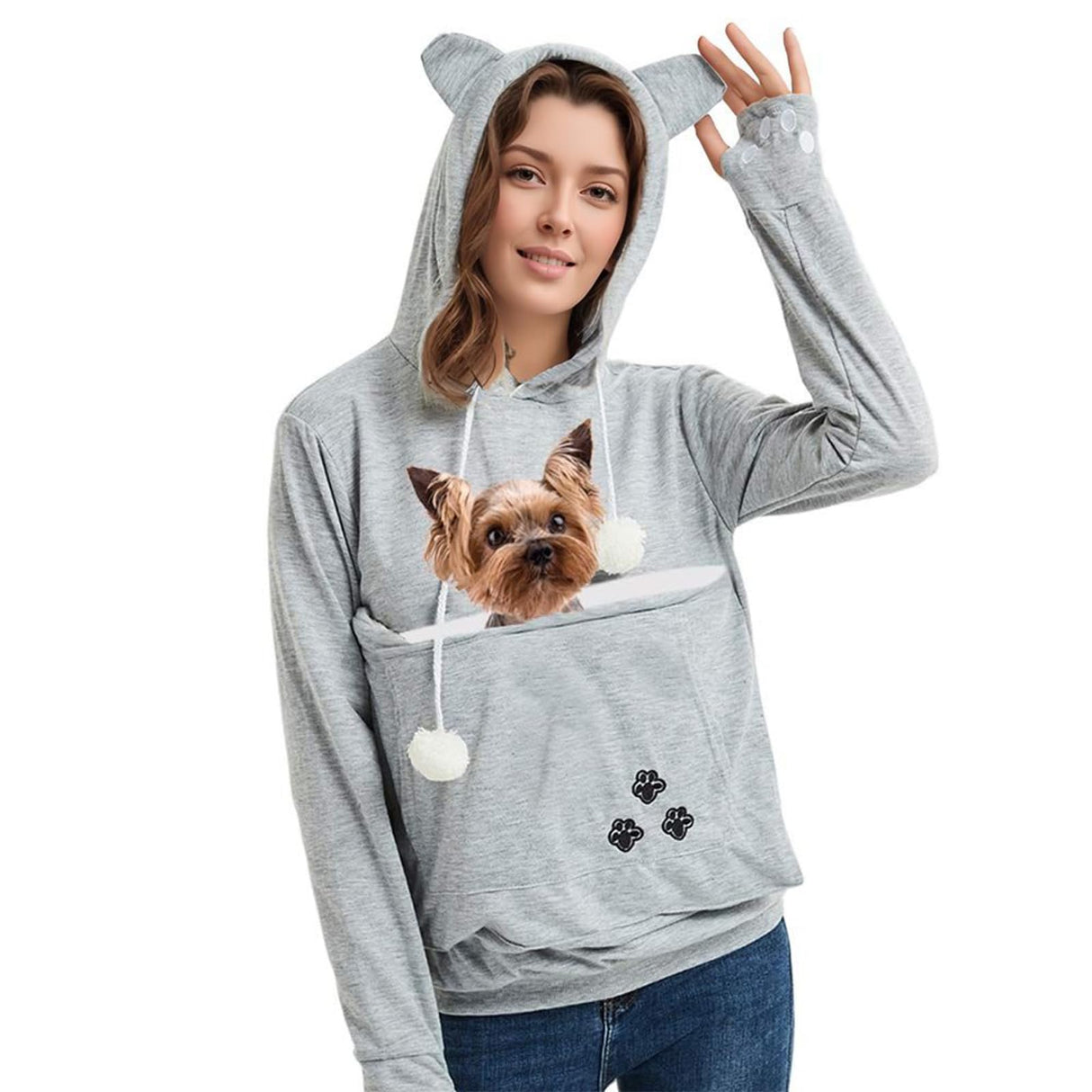 FENBEN Womens Pet Carrier Shirts Kitten Puppy Holder Animal Pouch Hood Sweatshirt Pouch Hoodie (Grey,XL)