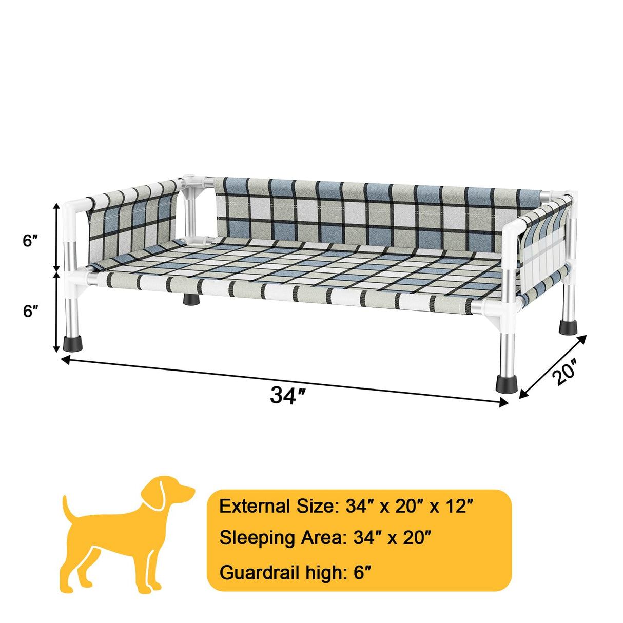 Elevated Raised Outdoor Dog Bed - Cooling Washable Dog Cot with Guardrail, Durable & Breathable Cotton Mesh Pet Hammock Beds with Stainless Steel Pipe Frame for Medium Pets (34'' x 20'' x 12'')
