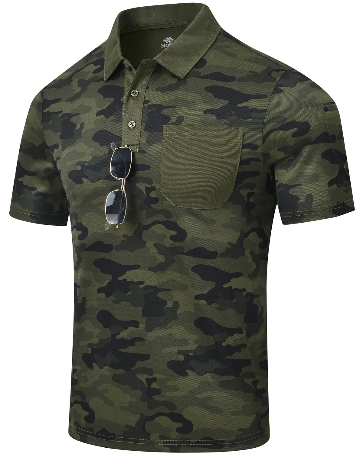 MoFiz Men's Polo Shirts Short Sleeve Quick Dry Outdoor Golf Sports Shirts with Pocket Regular Polo T-Shirt Camo Army Green XL