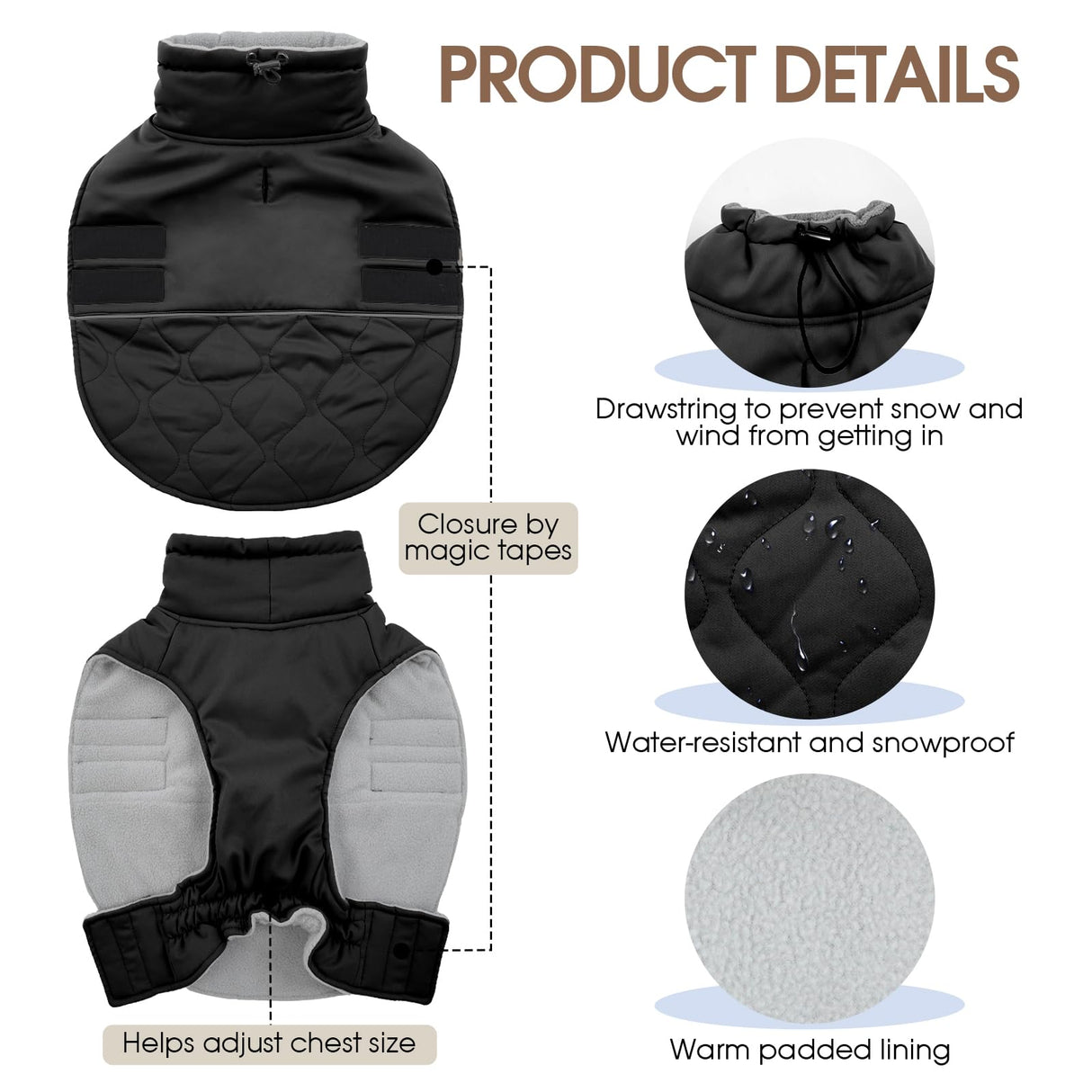 FUAMEY Warm Dog Coat for Cold Weather, Waterproof Large Dogs Jackets Fleece Lined, Adjustable Doggy Thermal Vest Sleeveless, Pet Winter Snowsuit Windpproof (Black, L)