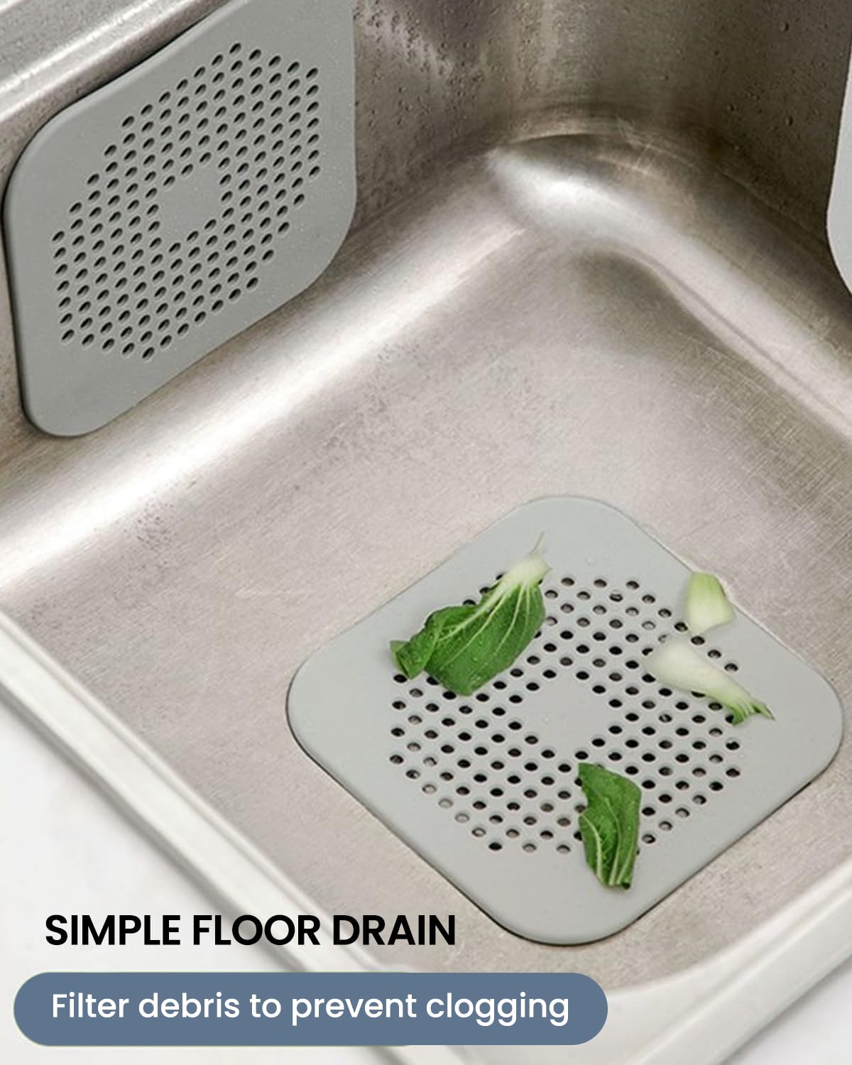 2Pcs Hair Drain Catcher, Square Drain Cover, Shower and Bathtub Hair Stopper for Bathroom, Kitchen, and Sink, Easy to Install, (Grey)