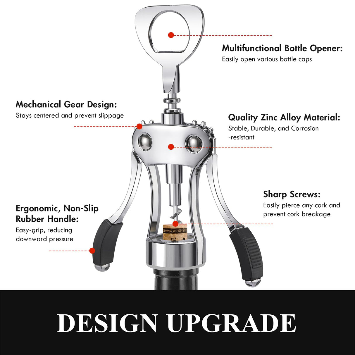 Wine Opener, Heavy-Duty Zinc Alloy Wing Corkscrew, Premium Beer Bottle Opener, Multifunctional Wine Accessories with Ergonomic Handle and Sharp Screw, for Kitchen, Bar, Restaurant (SILVER)