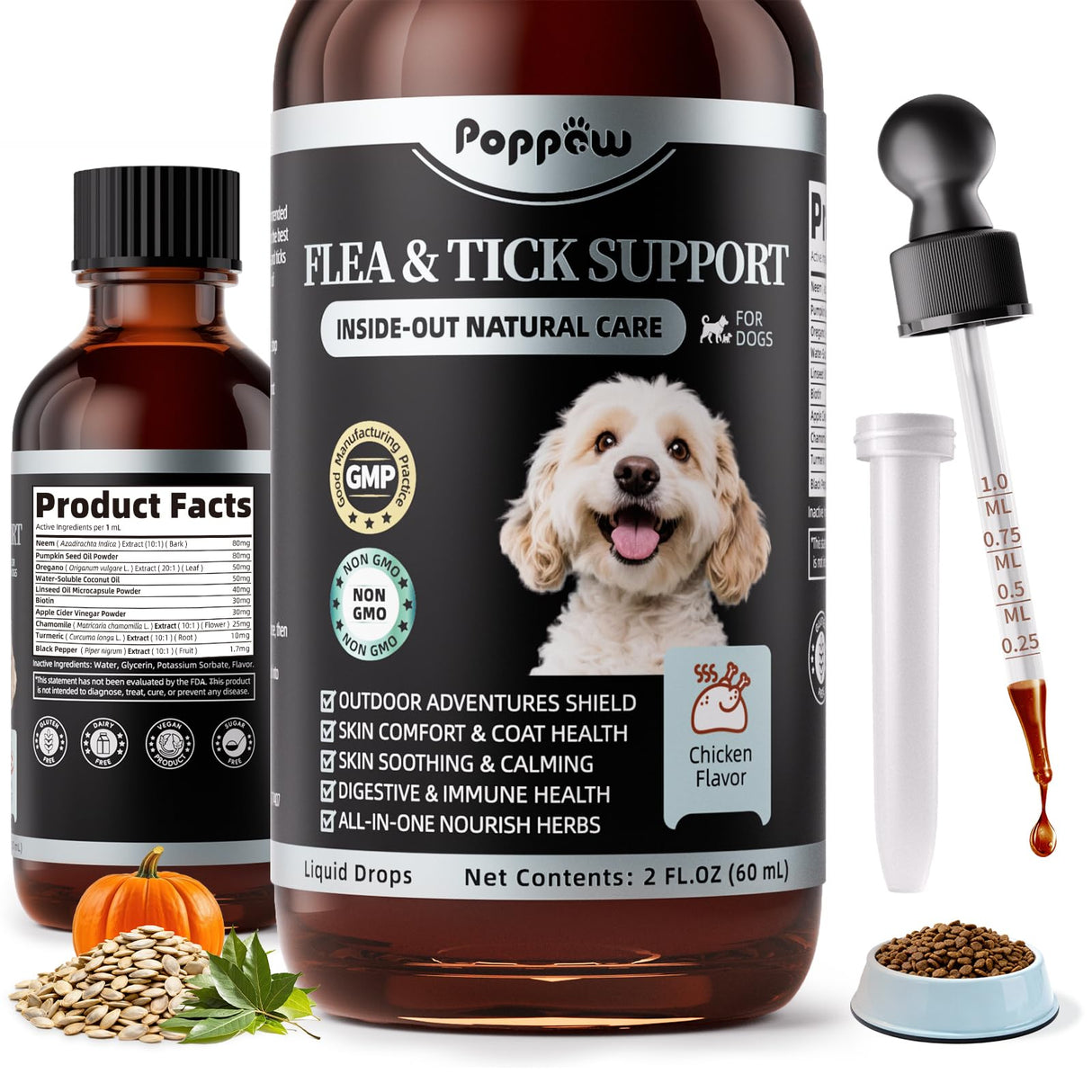 POPPAW Flea and Tick Prevention Support for Dogs, Natural Flea Treatment Drops with Neem, Oregano for Puppy Oral Flea and Tick Treatment Supplement for All Breeds and Ages - Chicken Flavor, 2 FL.Oz