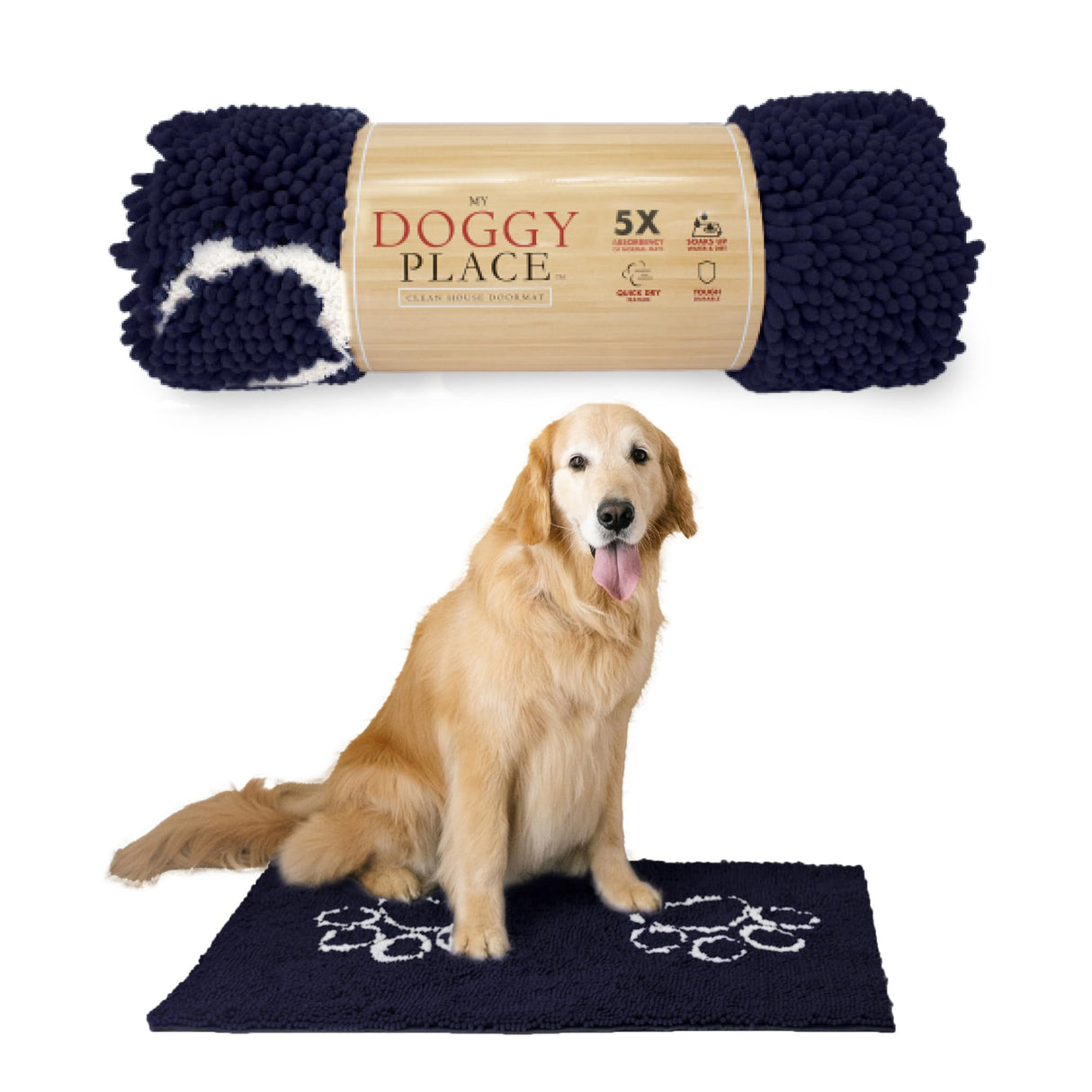 My Doggy Place Microfiber Dog Mat for Muddy Paws, 36" x 26" Navy Blue With Paw Print - Absorbent, Quick-Drying, Washer and Dryer Safe - Non-Slip Rubber Backed Pet Cleaning Mat, Large