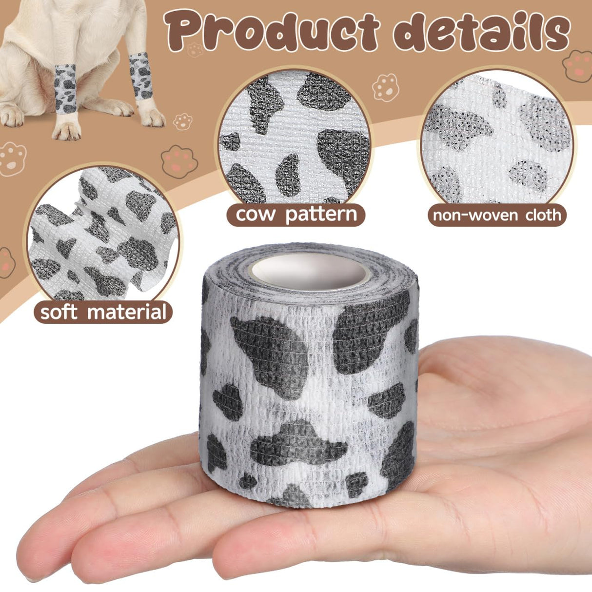 POPETPOP 6 Rolls Vet Wraps: 2 Inch Breathable Non-Woven Pet Self Adhesive Bandage - Paw Wraps for Dogs, Cats, Pet, Animals Ankle Sprains & Swelling (Cow Pattern)