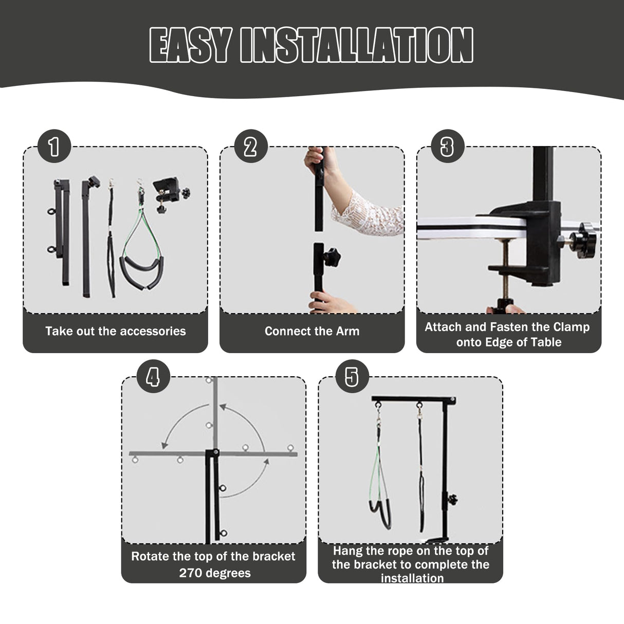 Dog Grooming Table Arm with Metal Clamp,35" Adjustable Portable Arm for Table with 1 Loop Noose & Two No Sit Haunch Holder,Grooming Restraint for Small Medium Pets