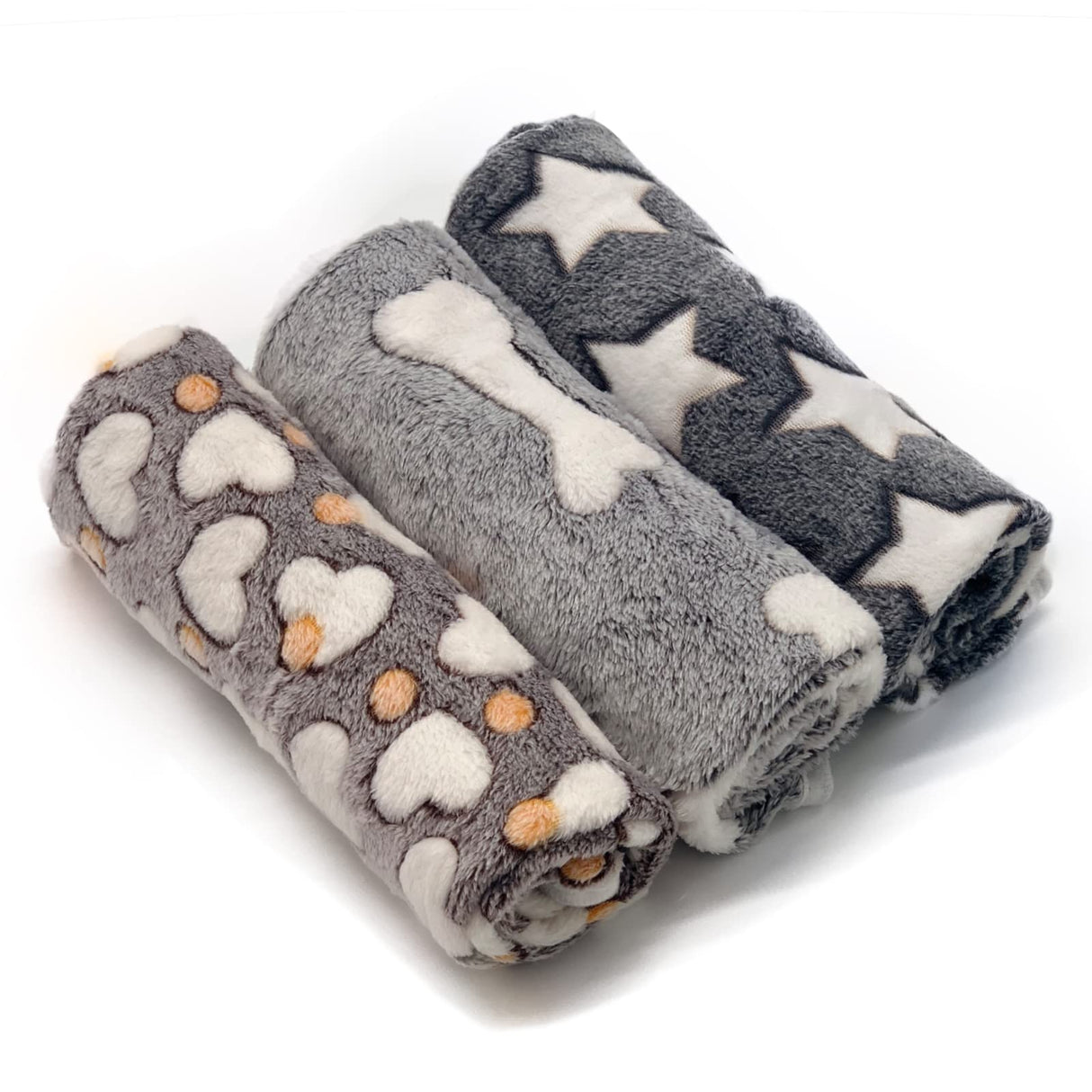 1 Pack 3 Puppy Blankets for Large Dogs Super Soft Warm Sleep Mat Grey Cute Print Fluffy Fleece Pet Throw Dog Blankets for Medium Dogs Cats,Star&Bone&Love-Large(40"x30")