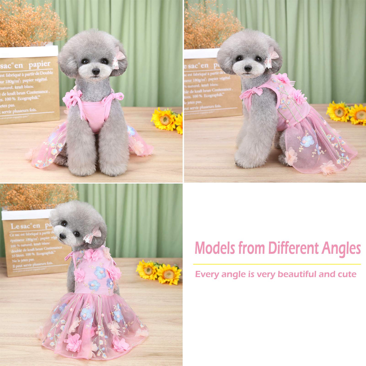 SEIS Flower Lace Dog Dress Cat Princess Suspender Costume Puppy Tutu Floral&Bow Clothes Puppy Embroidery Skirt for Cats Teddy Dog Small Medium Dogs (Pink, L (Chest Circumference 47cm/18.5"))