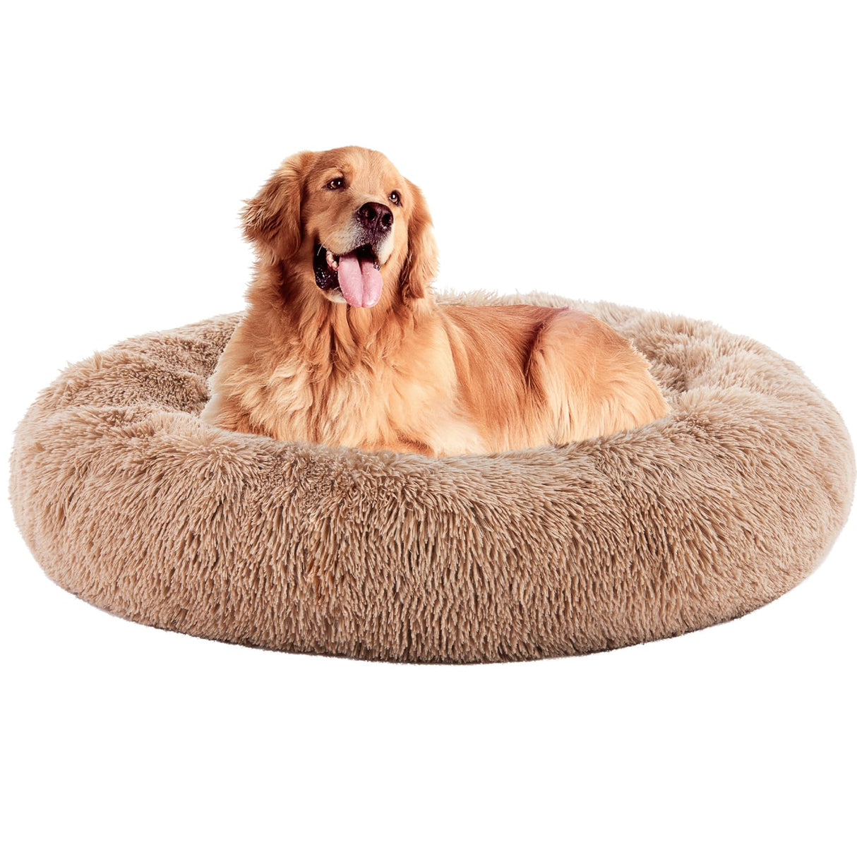 DUMOS 37.4x37.4 Inch Calming Donut Dog Beds for Large Dogs, Machine Washable Cuddler Warming Cozy Fluffy Faux Fur Plush Round Pet Bed Medium Sized Bed for Indoor Dogs and Cats, Brown