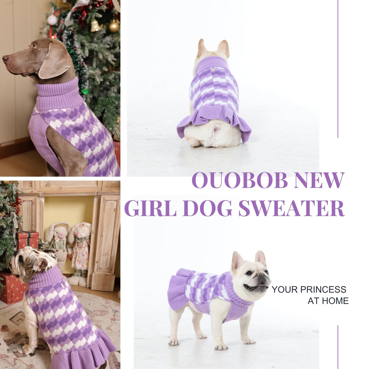 OUOBOB Dog Sweaters for Large Dogs Girl, Dog Sweater Dress with Leash Hole, Thick Turtleneck Knitwear for Female Dogs, Warm Fall Winter Dress for Cold Weather, Thanksgiving, Christmas - Purple XXL