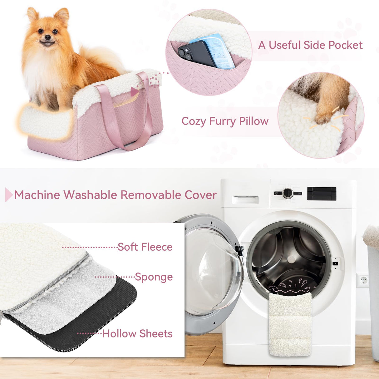 PETSFIT Cat Car Seat, Portable Console Dog Car Seat with Safe Protective Hooks, Luxury Pet Car Seat Includes Safety Leash and Storage Pocket for Pets Up to 9 lbs (Pink)