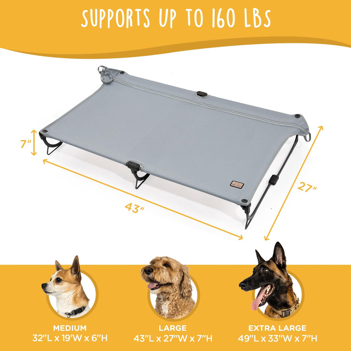 CANINE CANYON Daisy Cot, Large Foldable Elevated Dog Bed, Portable Raised Outdoor Folding Dog Cot, Cooling, Chew Proof, Waterproof, Heavy Duty Up to 160 lbs for Camping/Home, Grey, 43"x 27"x7"