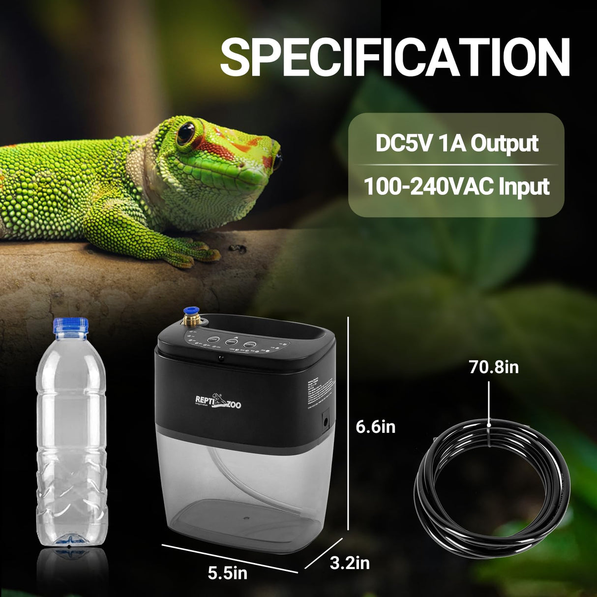 REPTI ZOO 800ml Portable Mister Fogger for Reptile Tank Enclosure - Terrarium Misting System With 2 Nozzles for Amphibians and Rainforest Plants