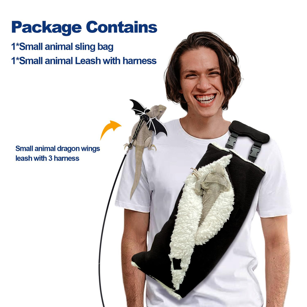 Adjustable Fluffy Bearded Dragon Sling Carrier Bag, Reptile Carrier with Leash Harness Lizard Cage Accessories for Small Animal, Ferrets, Squirrel, Hamsters,Parrot (Black)