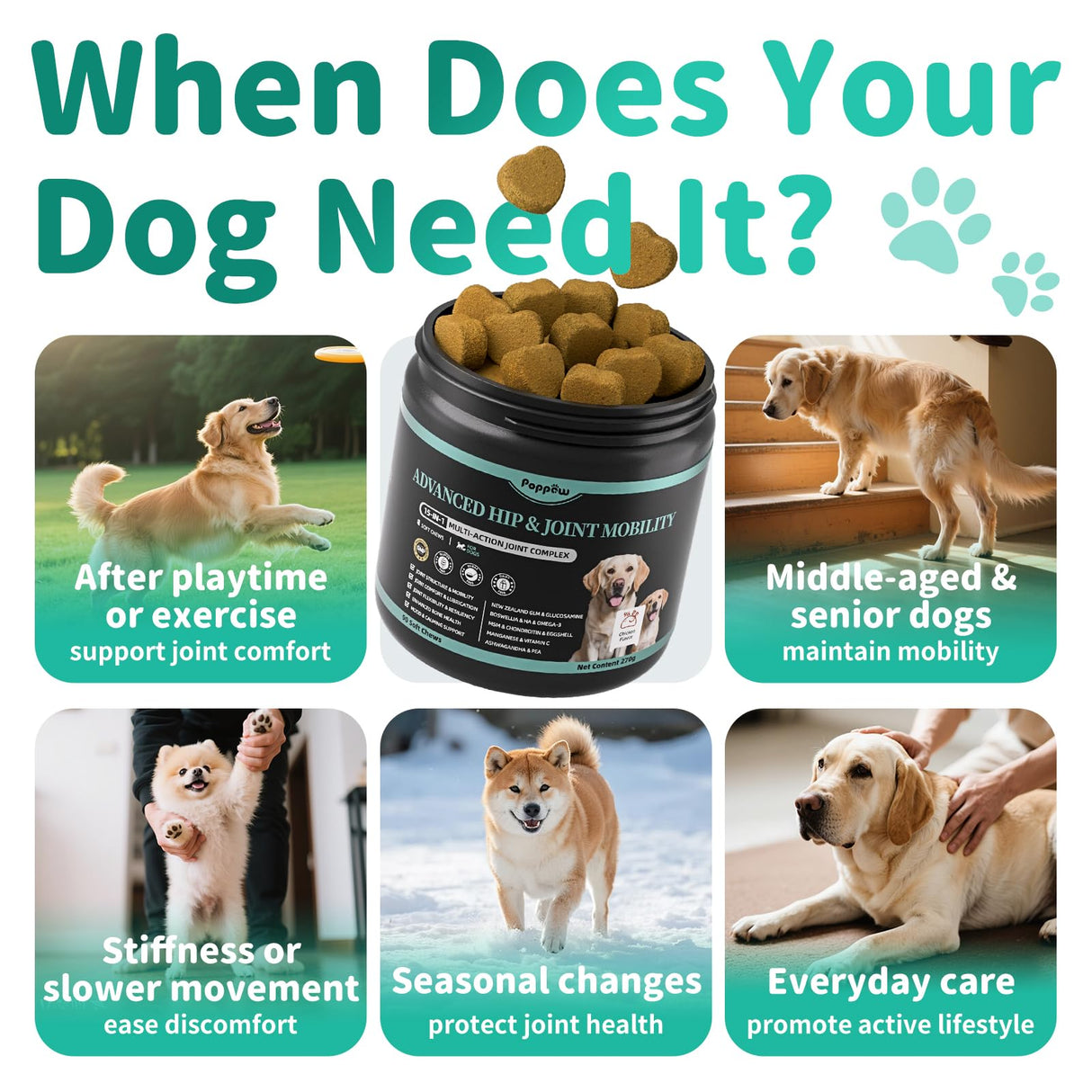 POPPAW Advanced Dog Joint Supplement – 15-in-1 Glucosamine for Dogs with Chondroitin, MSM & Green Lipped Mussel – Hip & Joint Pain Relief Mobility Chews, Chicken Flavor, 90Ct Breeds