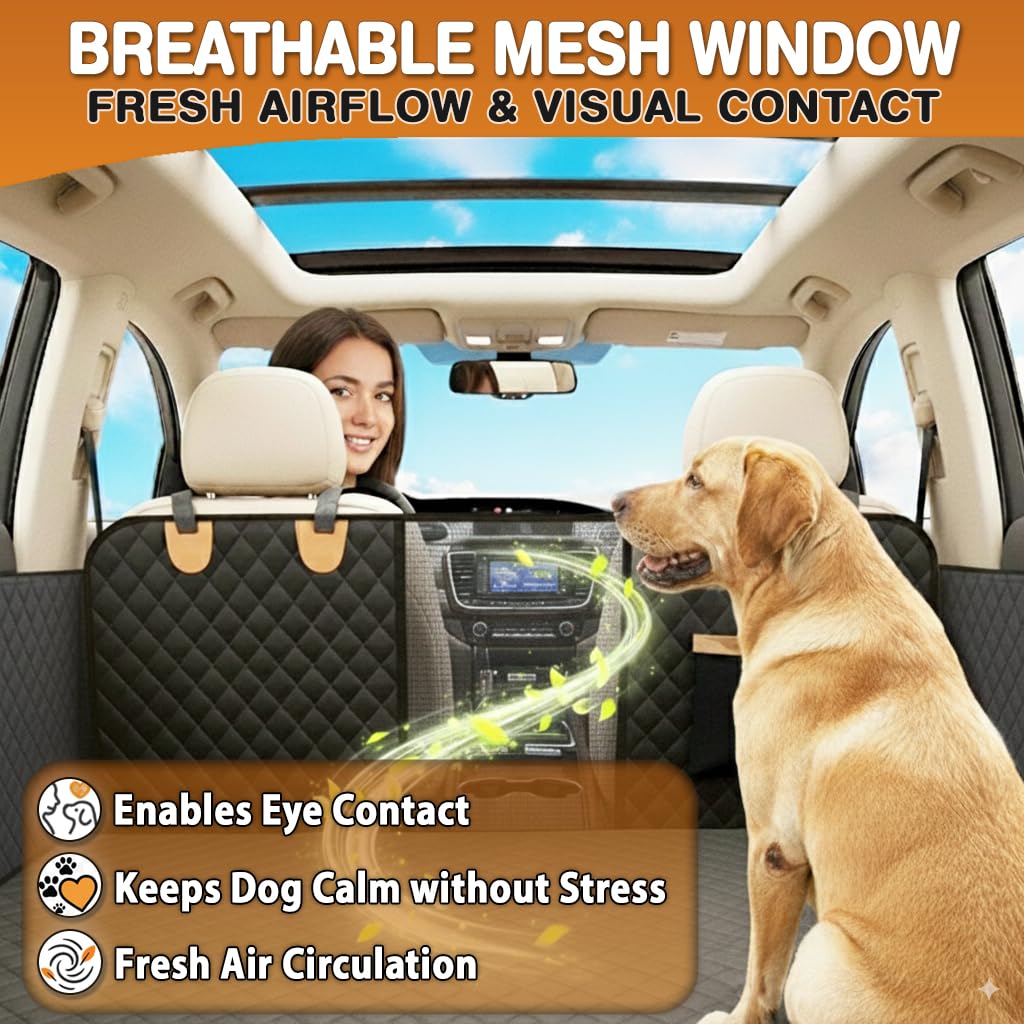 Back Seat Extender for Dogs – Hard Bottom Car Seat Cover for Dogs, Waterproof Rear Seat Protector with Mesh Window & Side Flaps, Fits Cars, SUVs, Trucks, Extra Space & Comfort