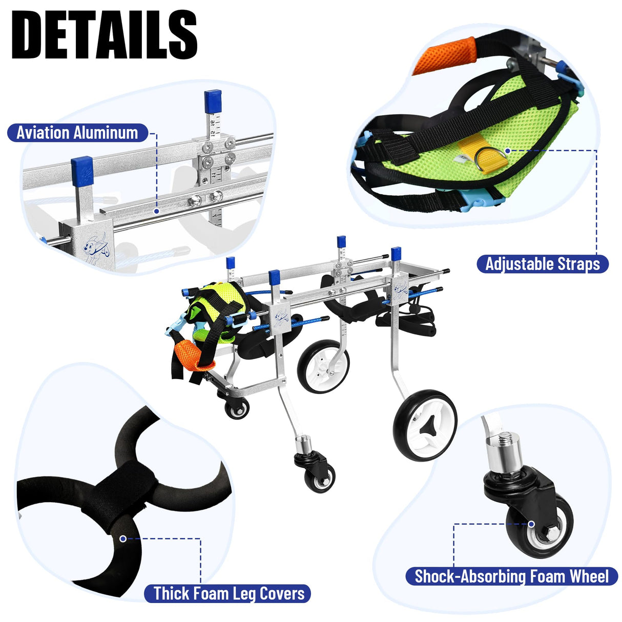 LetPetRun Four-Wheeled Adjustable Dog Wheelchair, Lightweight Mobility Bicycle Trailer for Disabled Pets, Easy to Assemble, Supports Walking and Exercise (XS)