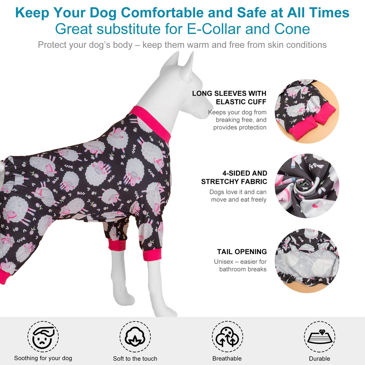 LovinPet Doberman Pajamas, Anxiety Calming Dog Jumpsuit, Lightweight Onesie, Black Sheep Print, Large Dog Pjs, Long Sleeve Pullover for Dogs/Medium