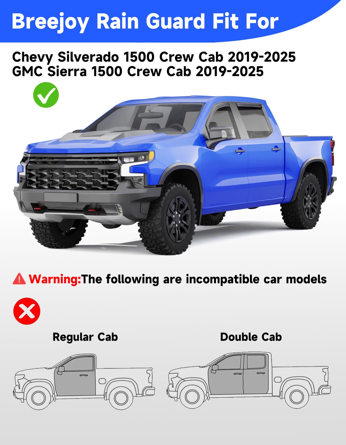 Breejoy in-Channel Window Rain Guards Fit for Chevy Silverado/GMC Sierra 1500 2019-2026 Crew Cab, Extra Durable Window Visors Vent Visors Window Deflector Vent Shades Car Accessories -4 pcs