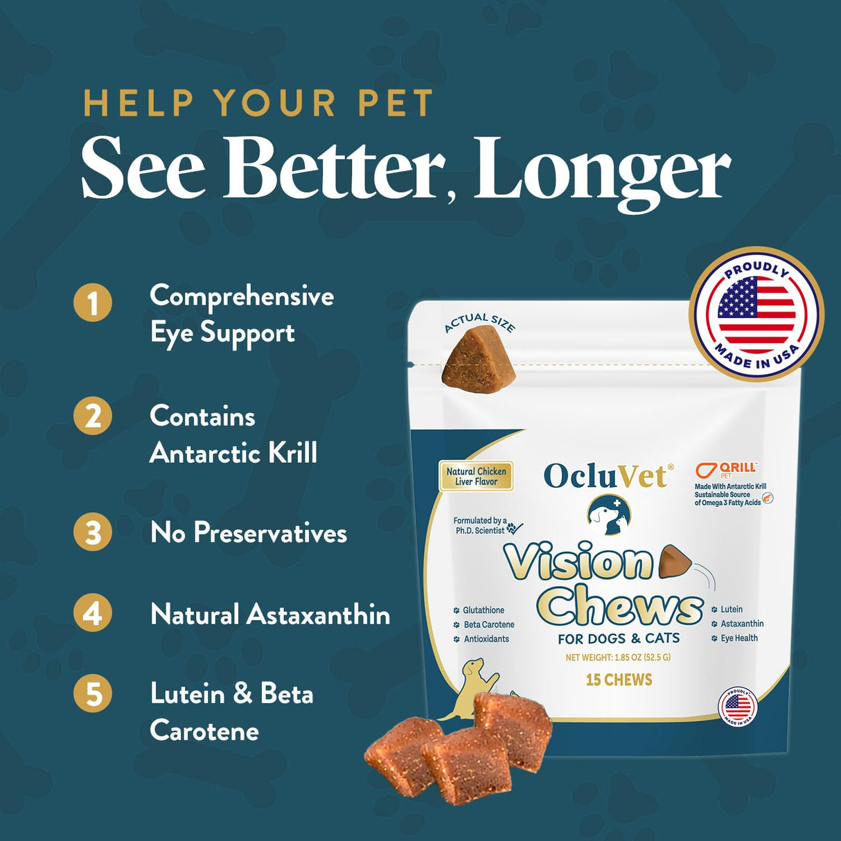OcluVet Vision Chews Eye Supplements for Dogs & Cats, Natural Chicken Flavor, Contains Omega 3, Lutein, Antioxidants, & More, Cat & Dog Eye Supplements, No Preservatives, Made in USA, 1 Bag, 15 Chews