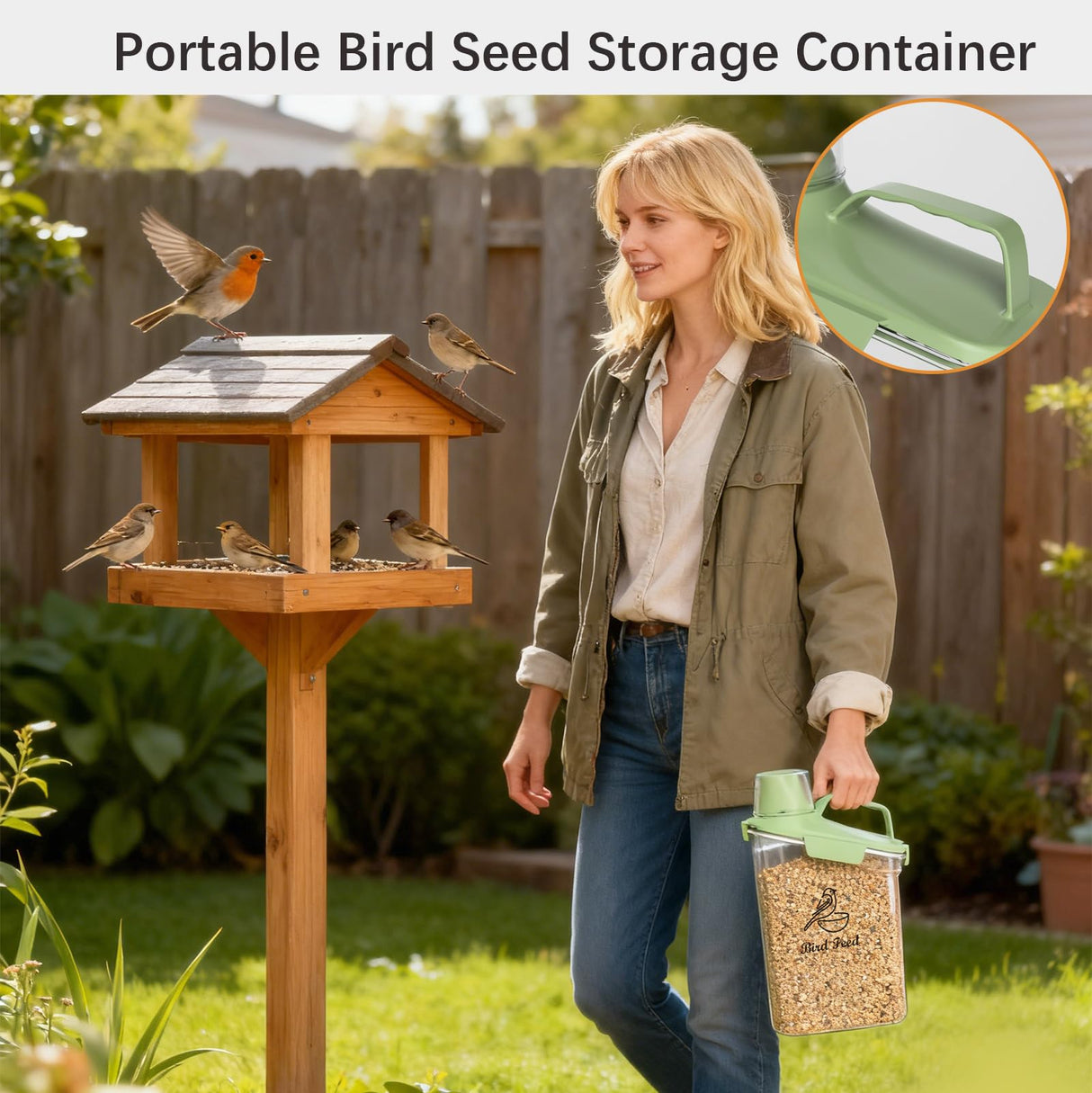 Brabtod Bird Seed Storage Container Portable-3 Qt/2.8 L Clear Pet Food Container-with Measuring Cup/Lid,Airtight Wild Bird Seed Dispenser for Storing Sunflower Seed|Squirrel proof|BPA Free-Green