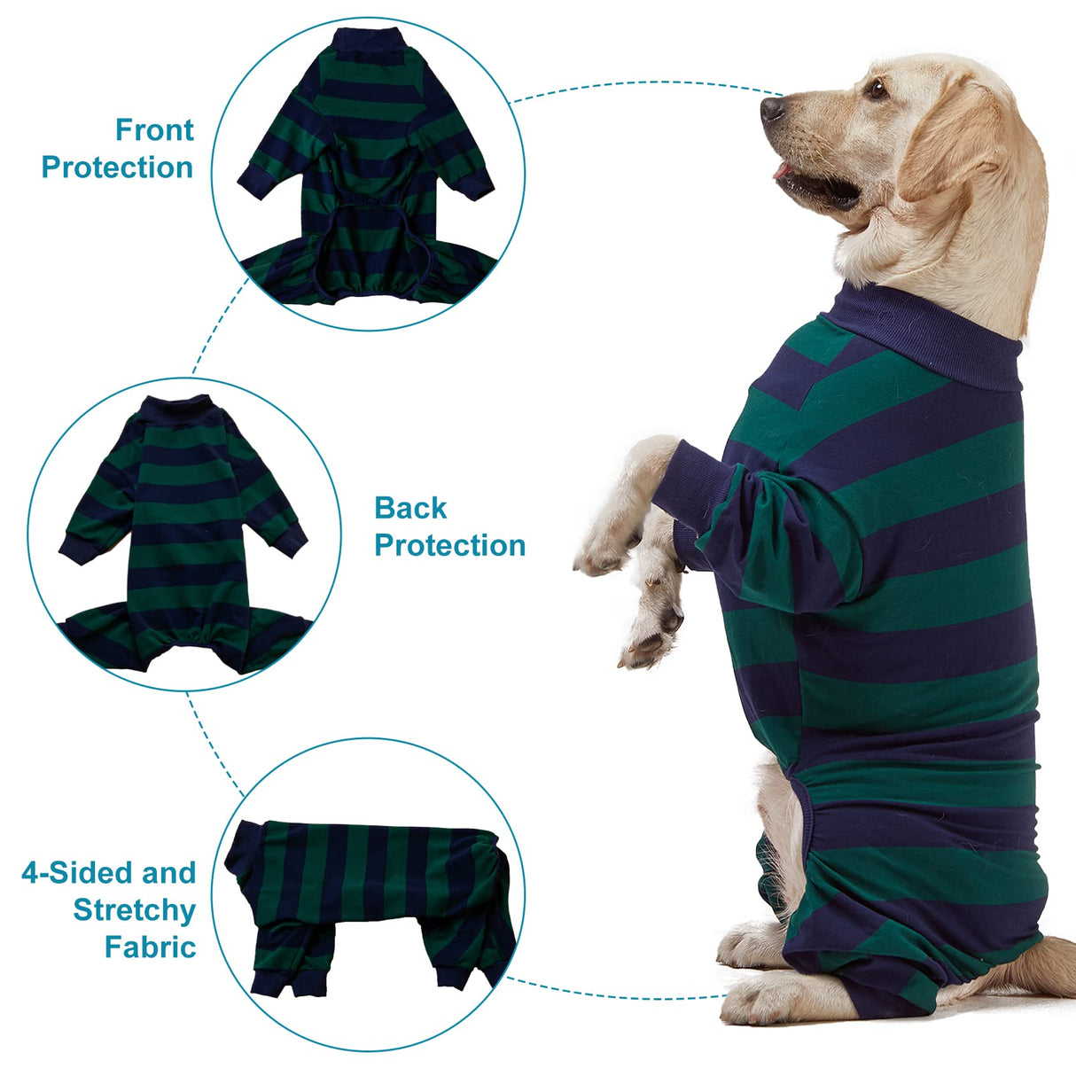 LovinPet Large Dog Pajamas Bodysuit, Lightweight Stretchy Knit Pullover Dog Onesie, Pet Pajamas for Dogs, Green and Black Stripe Print Dog Shirt, UV Protection, Stop Shedding for Dogs, Pet PJ's, 2XL