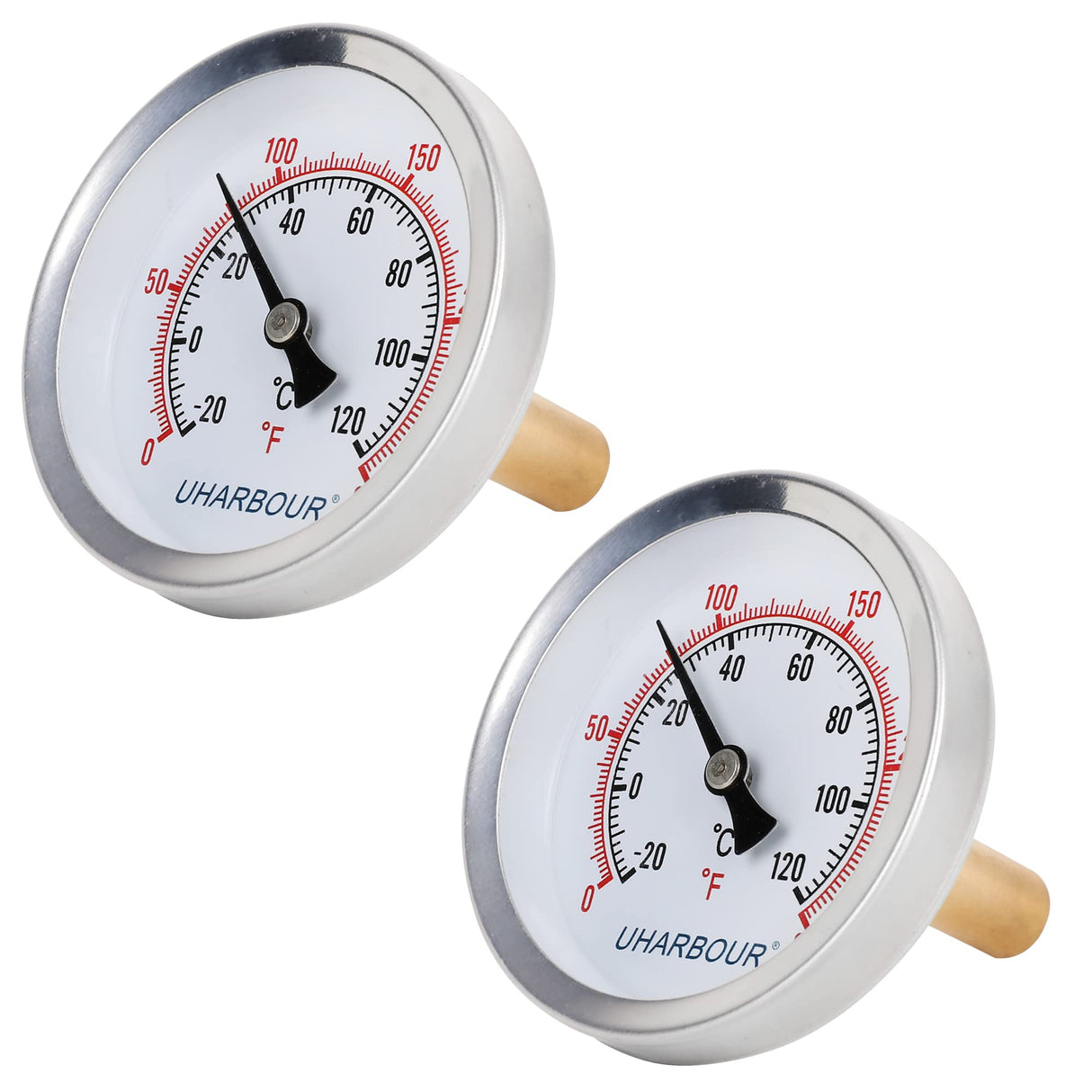 Uharbour 2-1/2" Dial Water Thermometer, Bi-Metal Temperature Gauge with 1-3/4" Lead-Free Brass Stem and 1/2" NPT Back Mount, Accuracy 2% Range 0-250°F / -20-120 °C(2pcs)