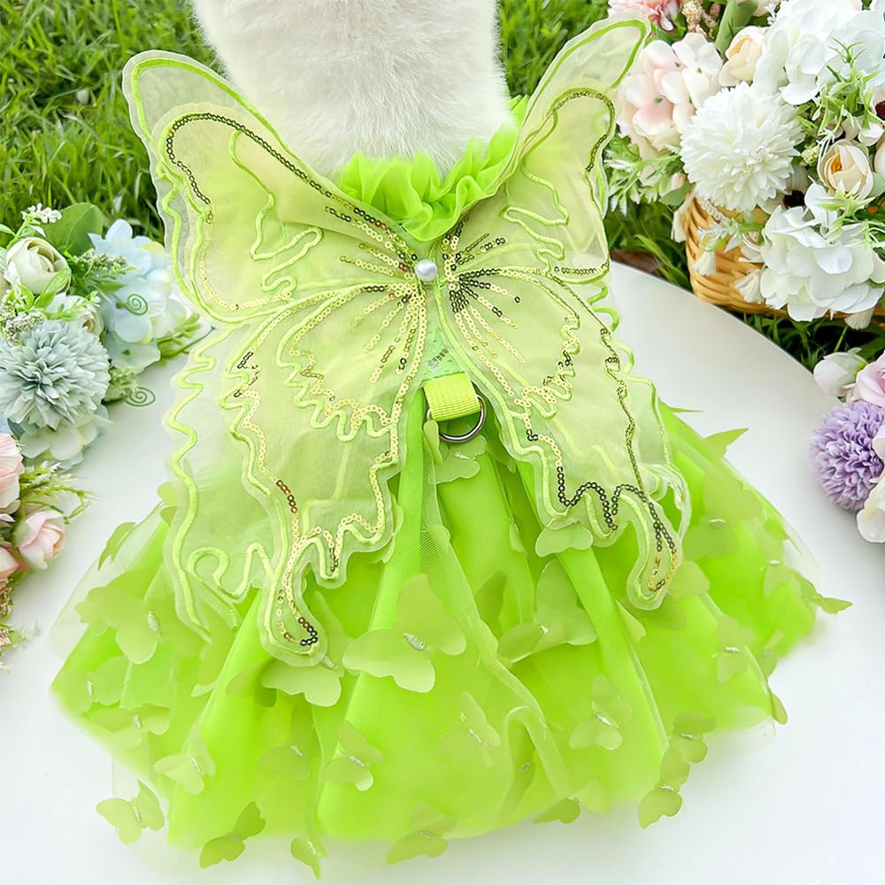 Anelekor Rainbow Butterfly Dog Dresses for Small Dog Girl Puppy Lace Tutu Princess Dress Cat Outfit Pet Butterfly Costume for Kitten Chihuahua Yorkie Pomeranian (Green, X-Large)