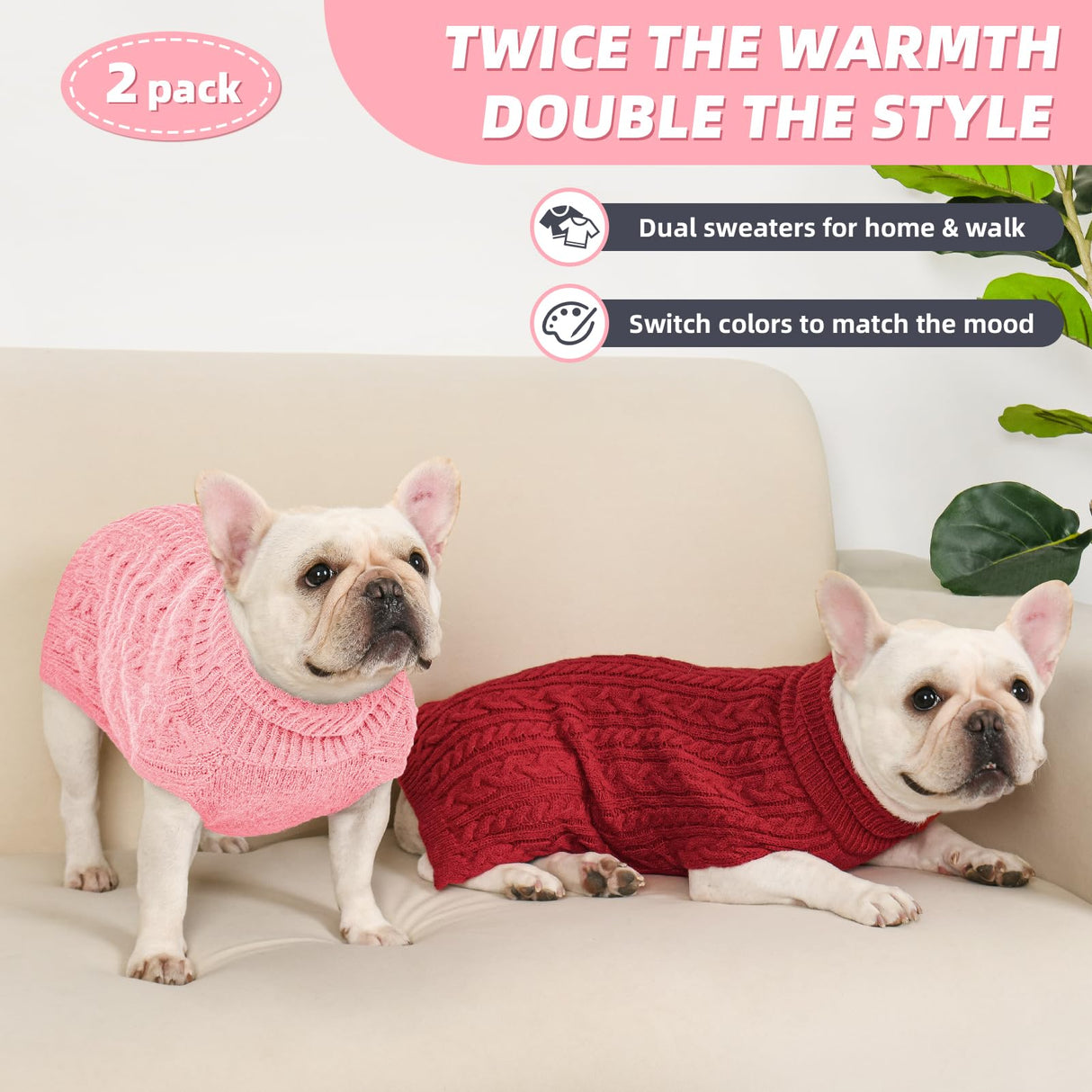 KCFESTIHUE 2 Pack Dog Sweaters for Medium Dogs Turtleneck Pullover Cable Knit Stretch Clothes French Bulldog Dachshund Boston Terrier Corgi Beagle Pug Boy Girl Pets Winter Clothes (M, Pink & Red)