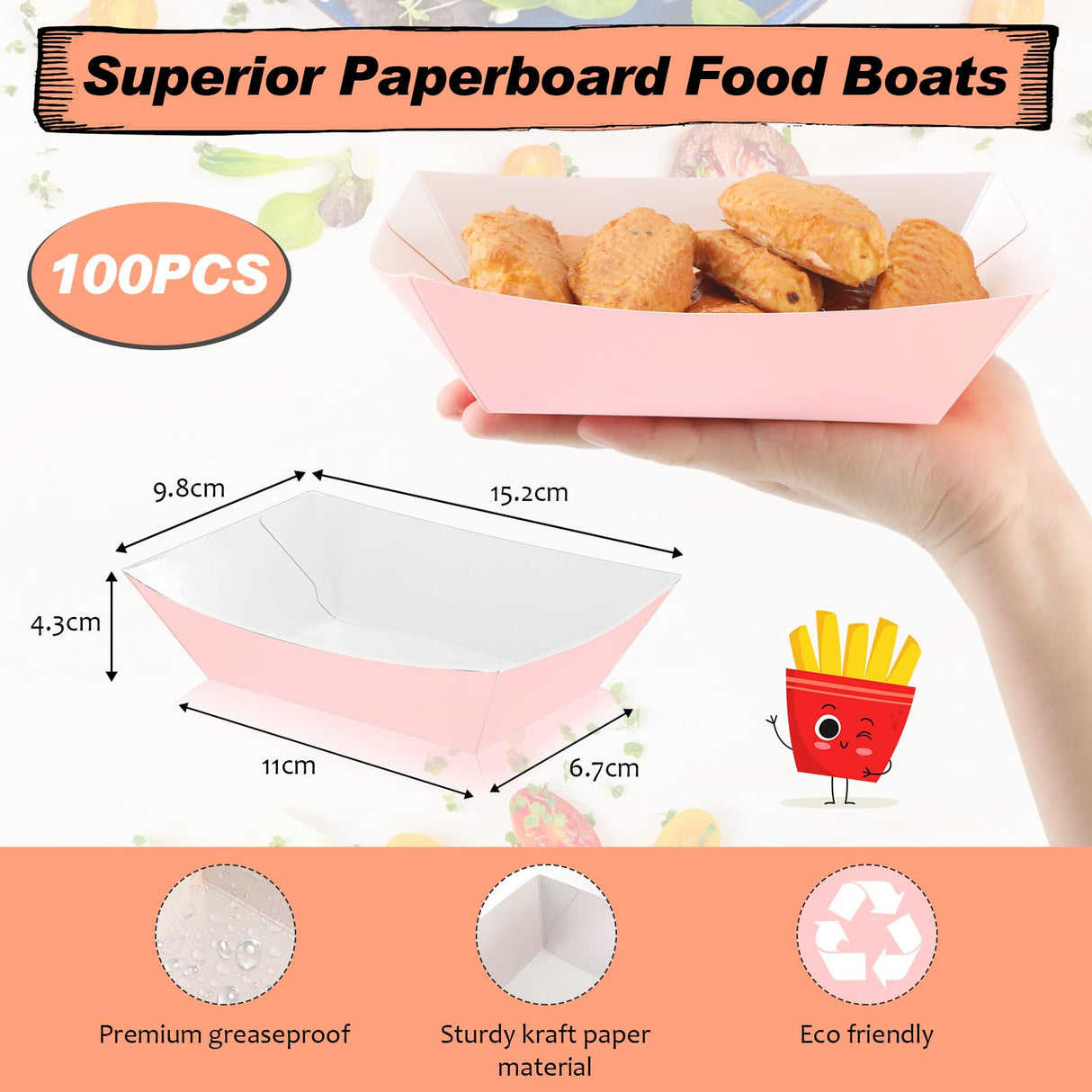 Yinkin 100 Pcs 2lb Paper Food Trays Boat 2lb Disposable Nacho Trays Kraft Paper Boat for Tacos Concession Halloween Christmas Party Supplies (Light Pink)
