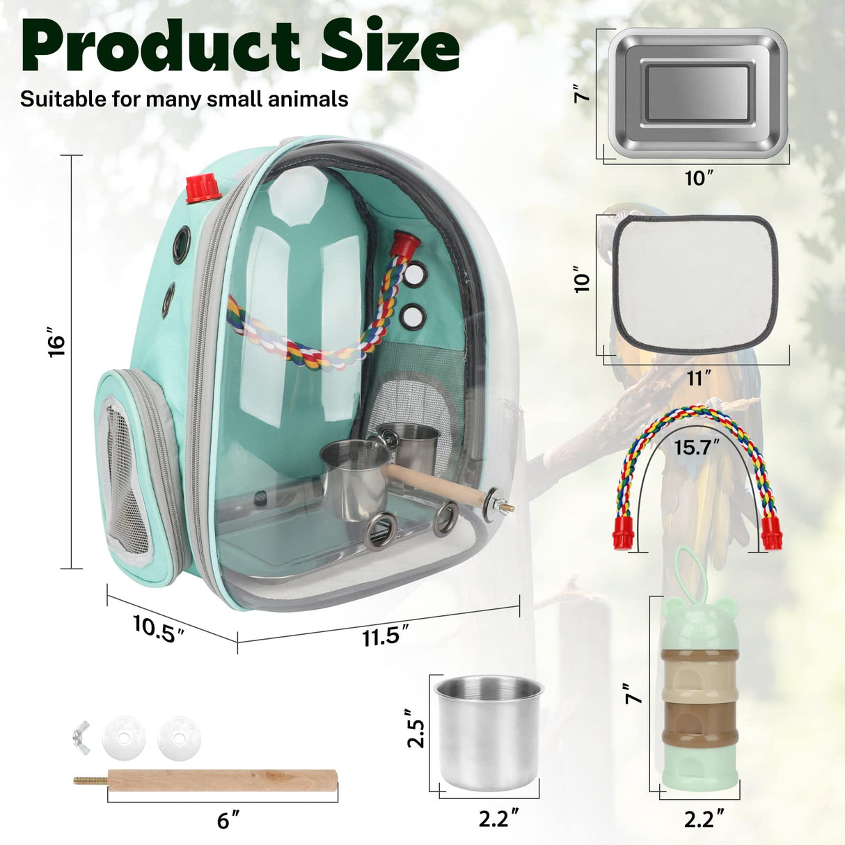 Rypet Bird Carrier Backpack Parrot Portable Breathable Bag Pet Bird Lightweight Travel Cage with Standing Perch and Stainless Steel Tray(Mint Green)