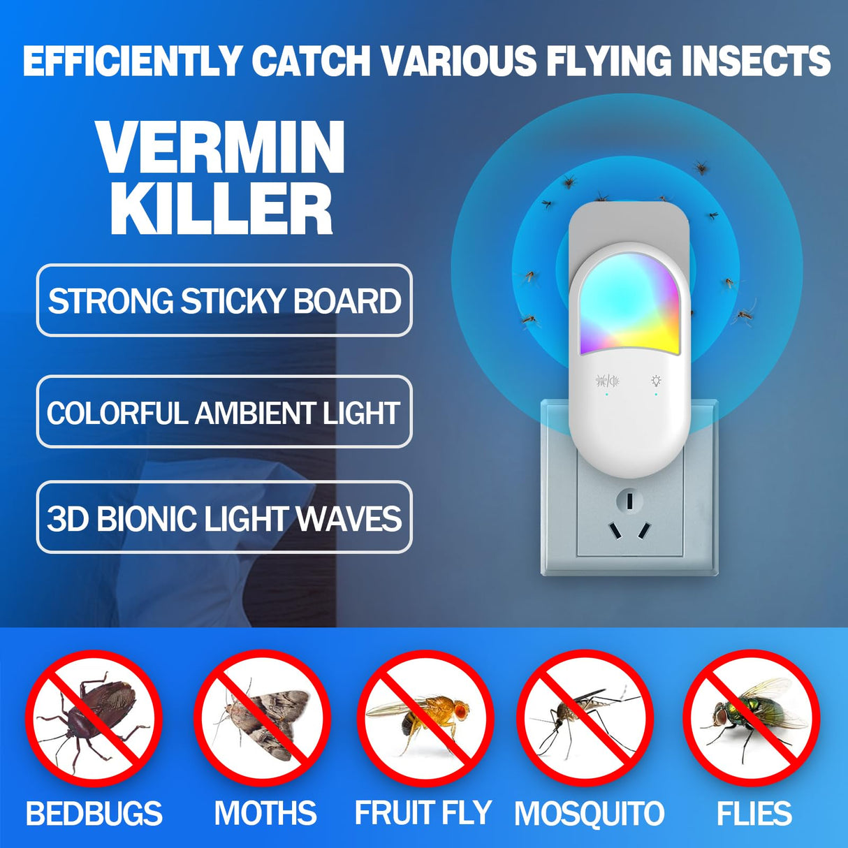 Fly Insect Trap,Indoor Plug-in Fly Traps for Flies, Fruit Flies, Moths, and Other Flying Insects,Moths Killer with Night Light (1Devices + 5 Glue Cards)