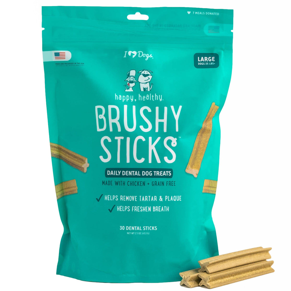iHeartDogs Brushy Sticks - Dental Treats for Dogs Removes Plaque and Tartar Buildup - Grain-Free Dog Teeth Cleaning Chews Made with Chicken - 30 Large Sticks