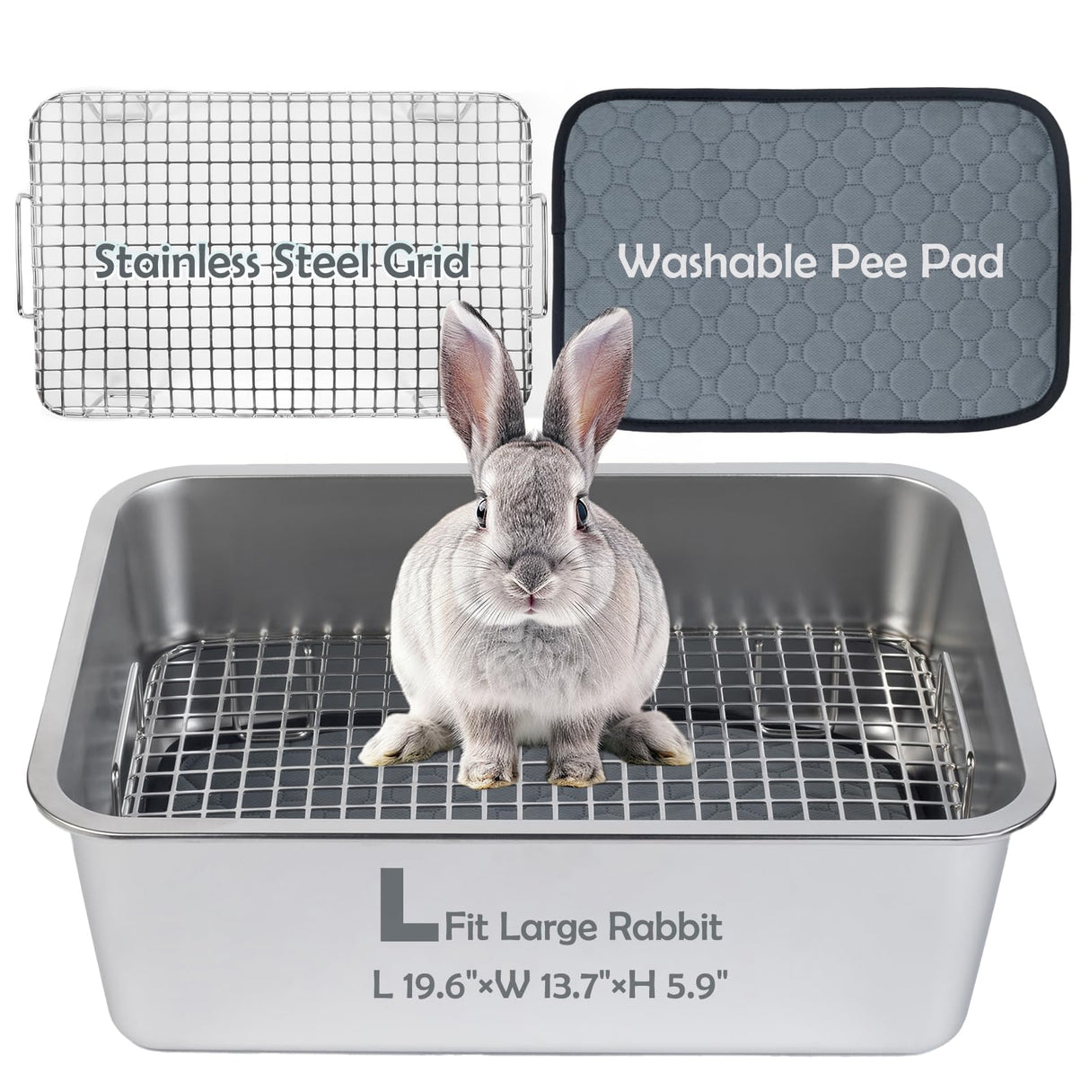 MEEXPAWS Rabbit Litter Box Stainless Steel, Large Bunny Litter Box with Raised Grid and Washable Pee Pad, Metal Litter Pan High Side for Rabbit,Small Animal Toilet Potty Tray Easy Cleaning,Less Stink