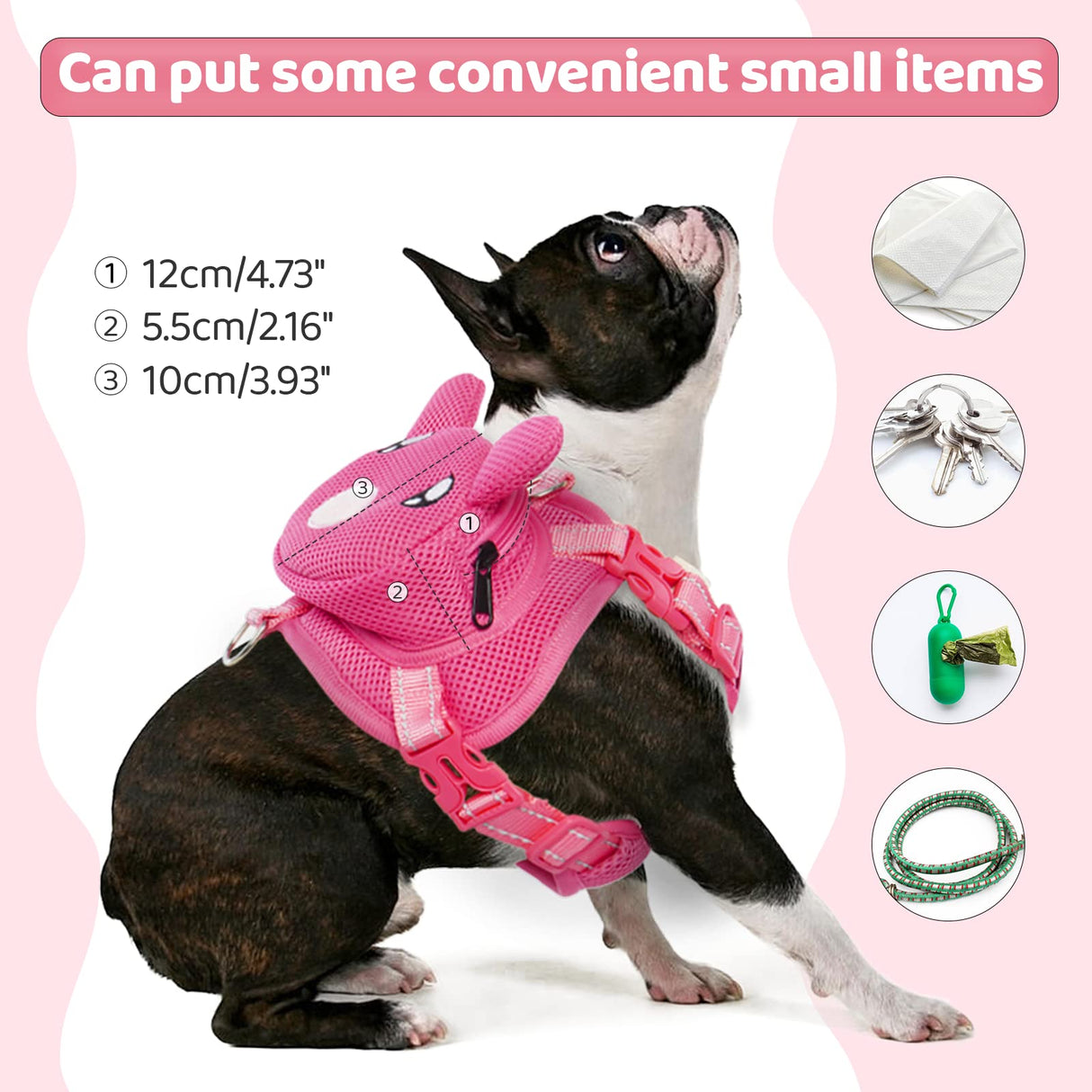 OUOBOB Dog Harness with Backpack, Adjustable Dog Backpack Harness for Small Medium Dogs, No-Pull Breathable Backpacks for Dogs to Wear, for Traveling, Hiking, Camping, Training, Pink L