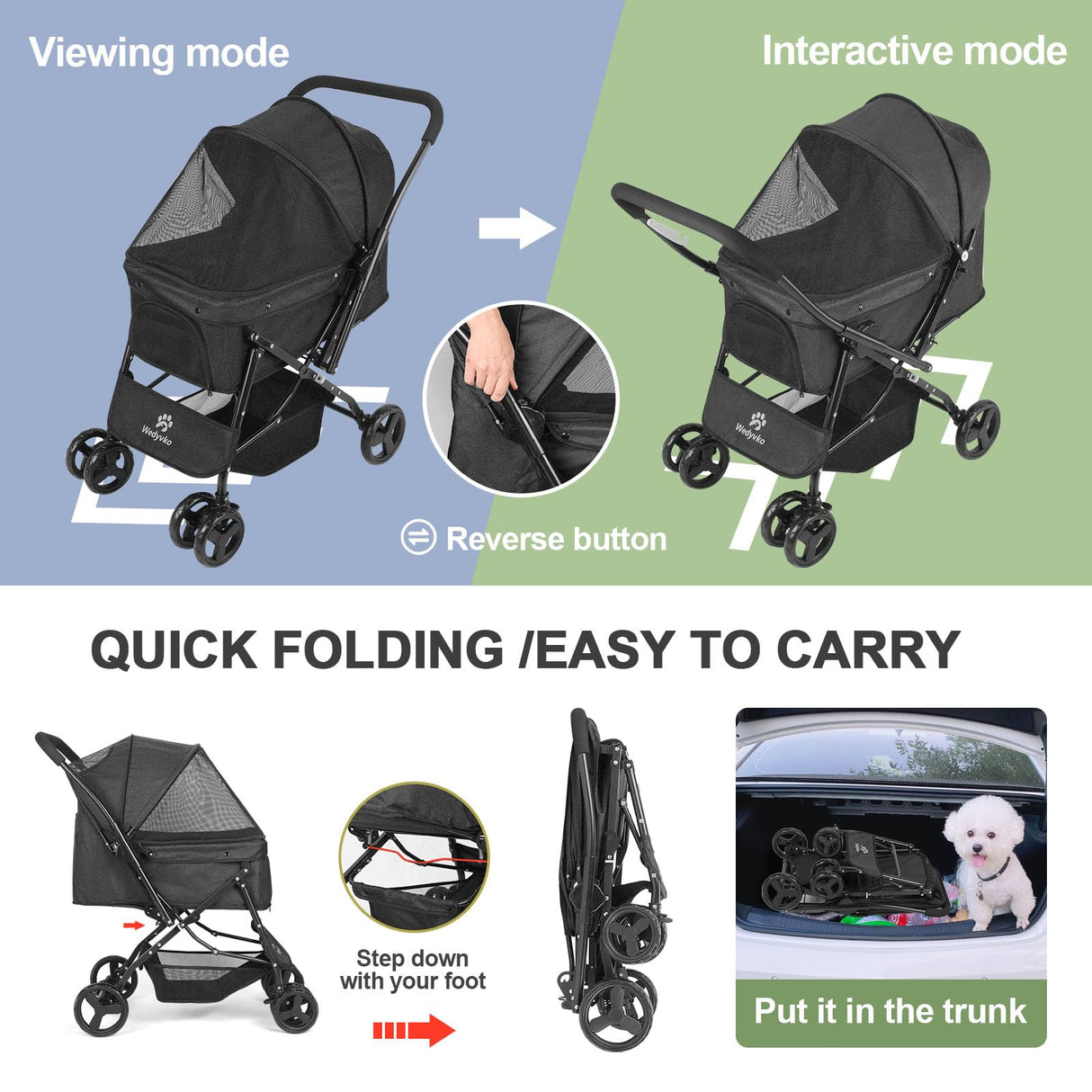 Timati Pet Stroller Dog Strollers for Medium Dogs and Cats with Reversible Handle, 360 Rotating Front Puppy Stroller for Small/Medium Dogs with Mesh Windows 4 Wheels Carts for Outdoor (Black)