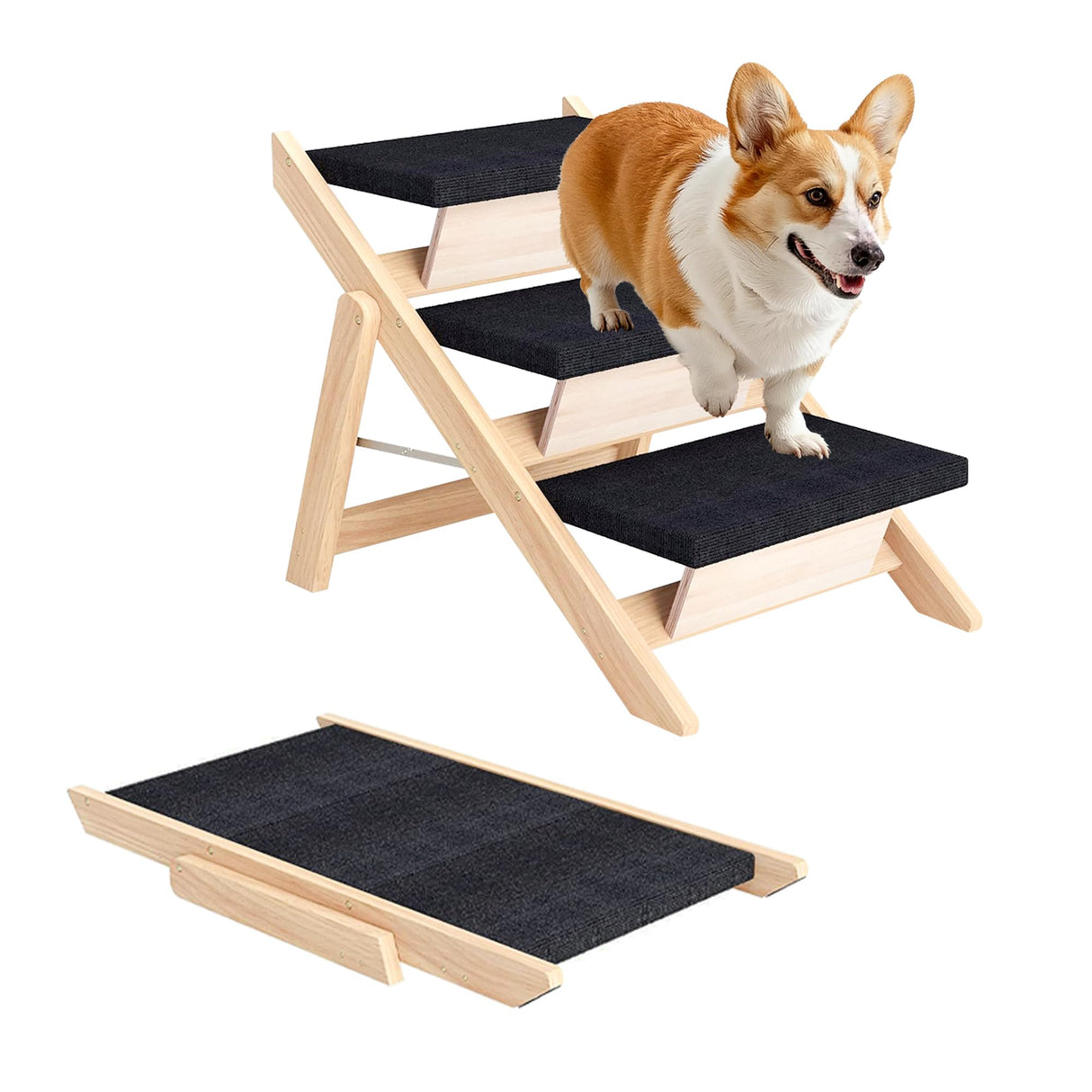 Dog Stairs/Ramp for Bed, Wooden 2-in-1 Foldable Pet Stairs & Ramp, Portable Dog Ladder Up to 180 Pound for Elderly/Short-Legged Dogs, 3 Steps for Beds, Couch, Cars