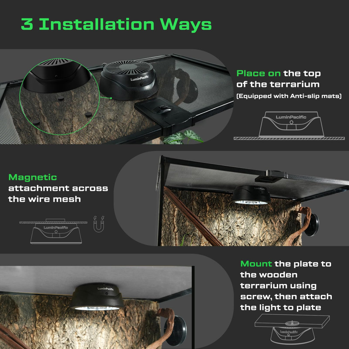 LuminPacific LED Reptiles Light with Remote, UVA UVB FR Lamp for Rainforest & Desert Reptiles, Ferguson Zones 1-4, Timer Switch, 10 Dimmable, for Bearded Dragon, Turtle, Frog, Snake, Plant (1 Pack)