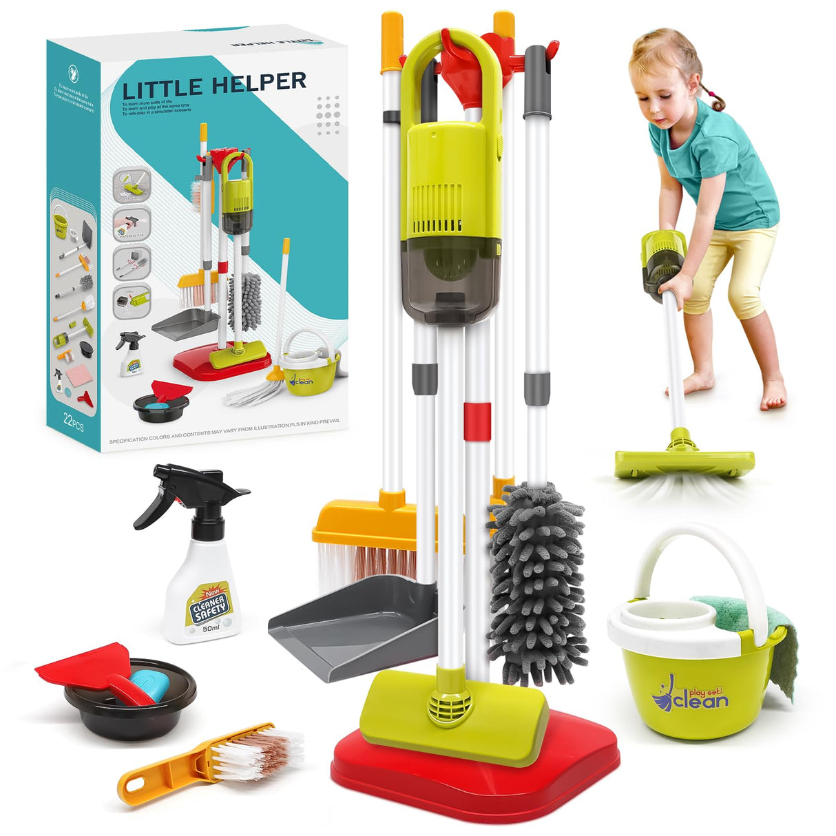 Dreamon Toddler Cleaning Set - 14Pcs Kids Cleaning Toy Set with 2-in-1 Kids Vacuum That Really Works, Pretend Home Cleaning Play Set for Toddler Age 3-7, Christmas Birthday Gift for Girls Boys(Red)