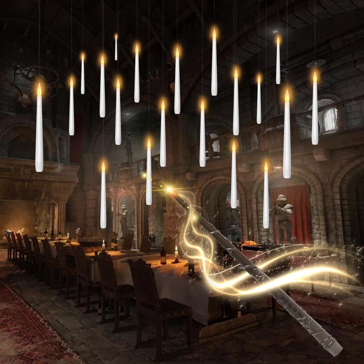 kakoya Flameless Floating Candles with Wand,20 Pcs Magic LED Hanging Taper Candles,Flickering Battery Operated Taper Candle with Wand Remote for Halloween Decorations Best Gift(White)