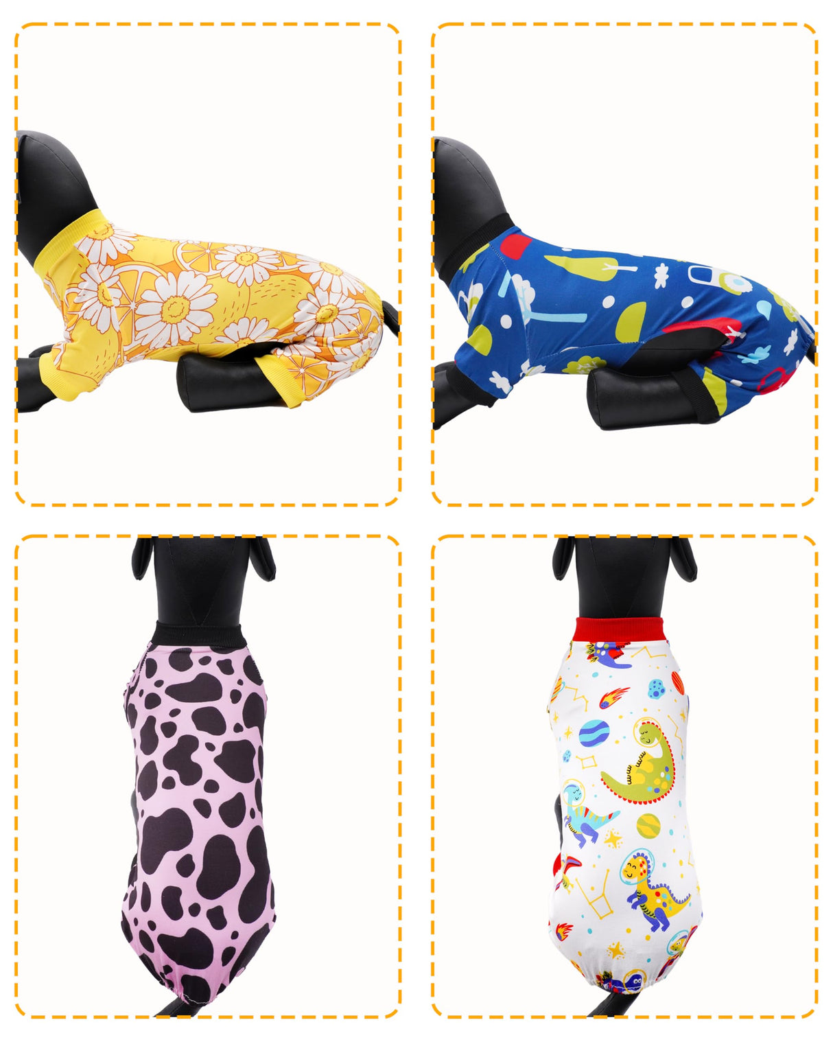 PET SHOW 4 Pack Small Dog Pajamas Dog Clothes for Medium Dogs Girl Boy Soft Stretchy PJs Dinosaur Car Jumpsuit Puppy Cats Daisies Cow Jammies Onesies Outfits with Sleeve Pets Costume, S
