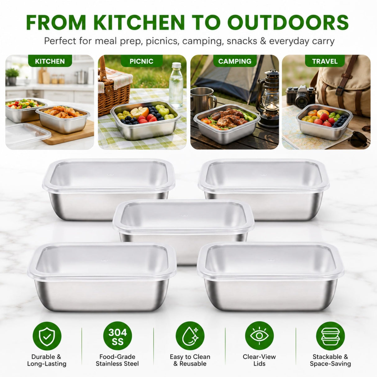 5 PCS Stainless Steel Storage Container Sets - Clear Lids, Stackable Food Storage | Kitchen Containers, Fruit & Snack Organization (Multi-Use)